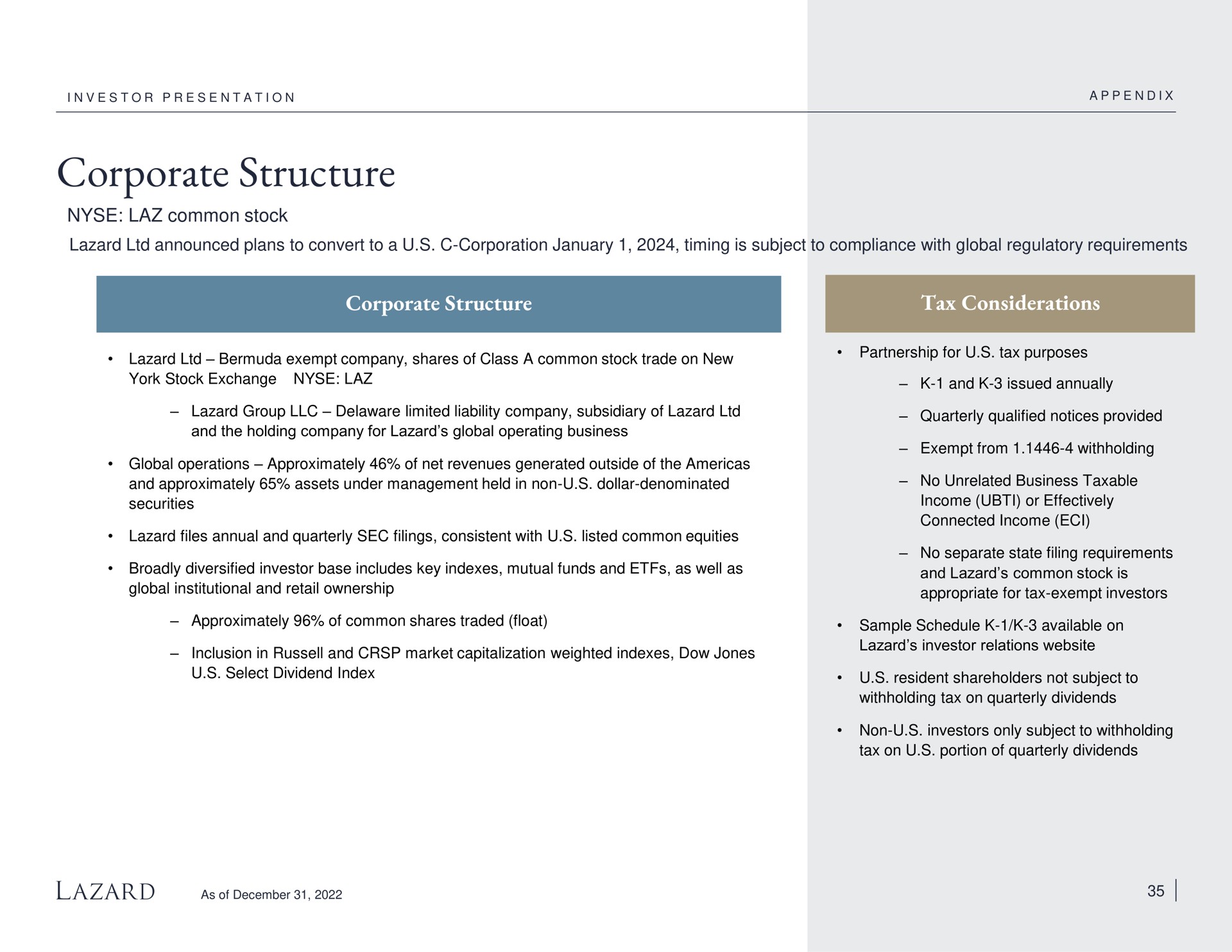 corporate structure corporate structure tax considerations | Lazard