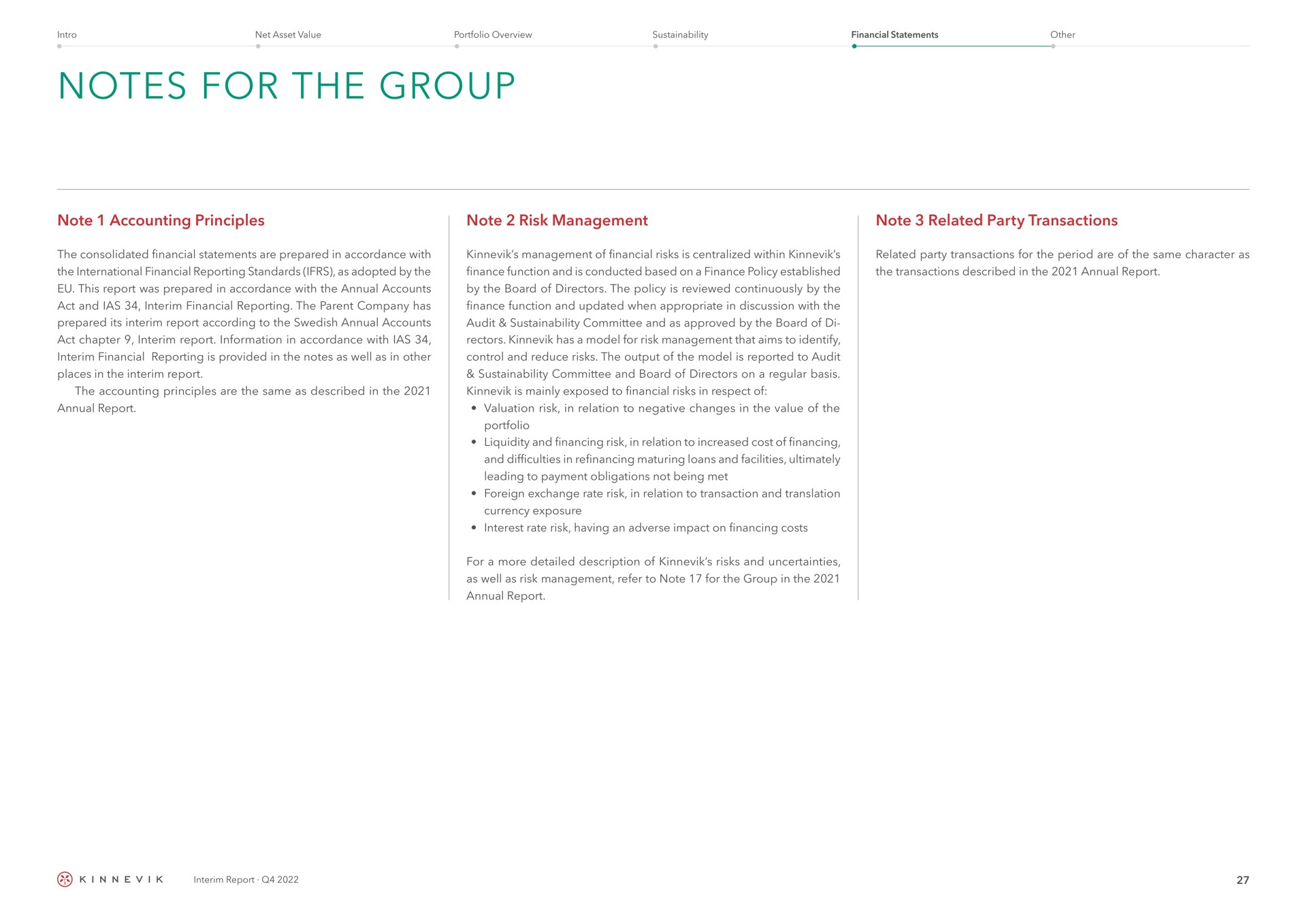 notes for the group note accounting principles note risk management note related party transactions interim report | Kinnevik