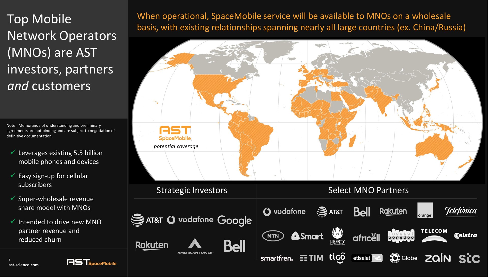 when operational service will be available to on a wholesale basis with existing relationships spanning nearly all large countries china russia strategic investors select partners top mobile network operators are ast investors partners and customers bell bel | AST SpaceMobile