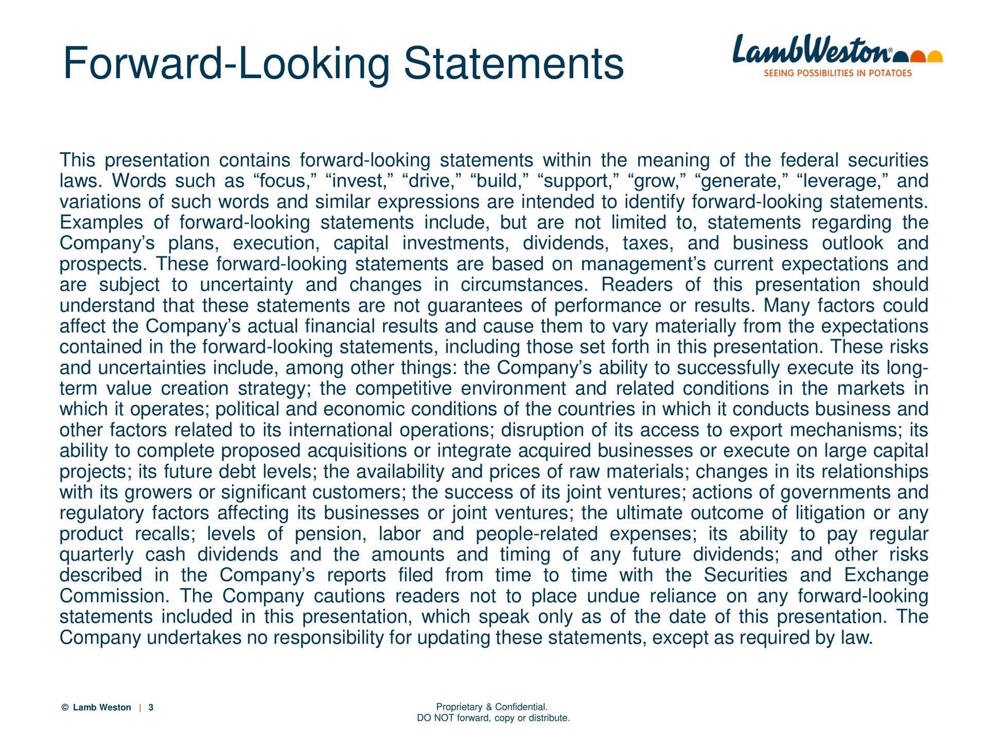 forward looking statements | Lamb Weston