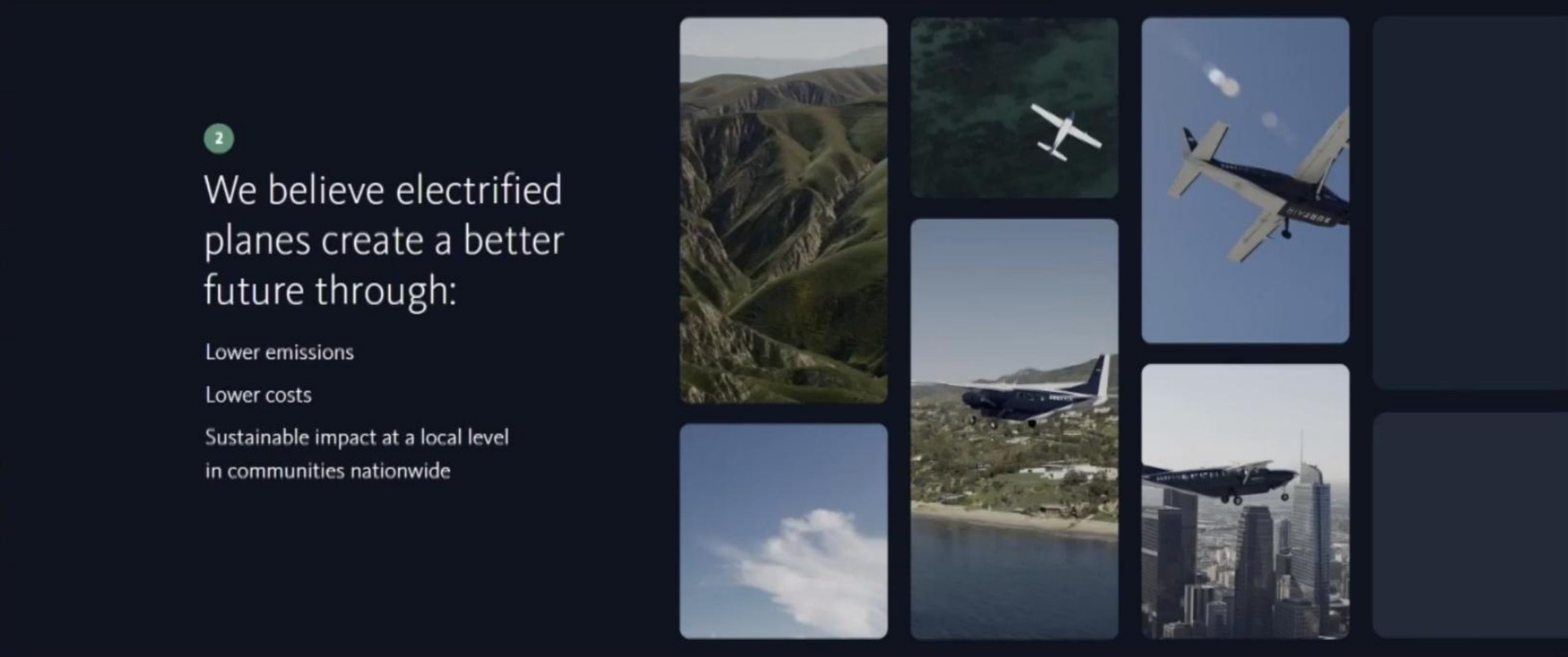we believe electrified planes create a better future through lower costs lower emissions sustainable impact at a local level in communities nationwide | Surf Air