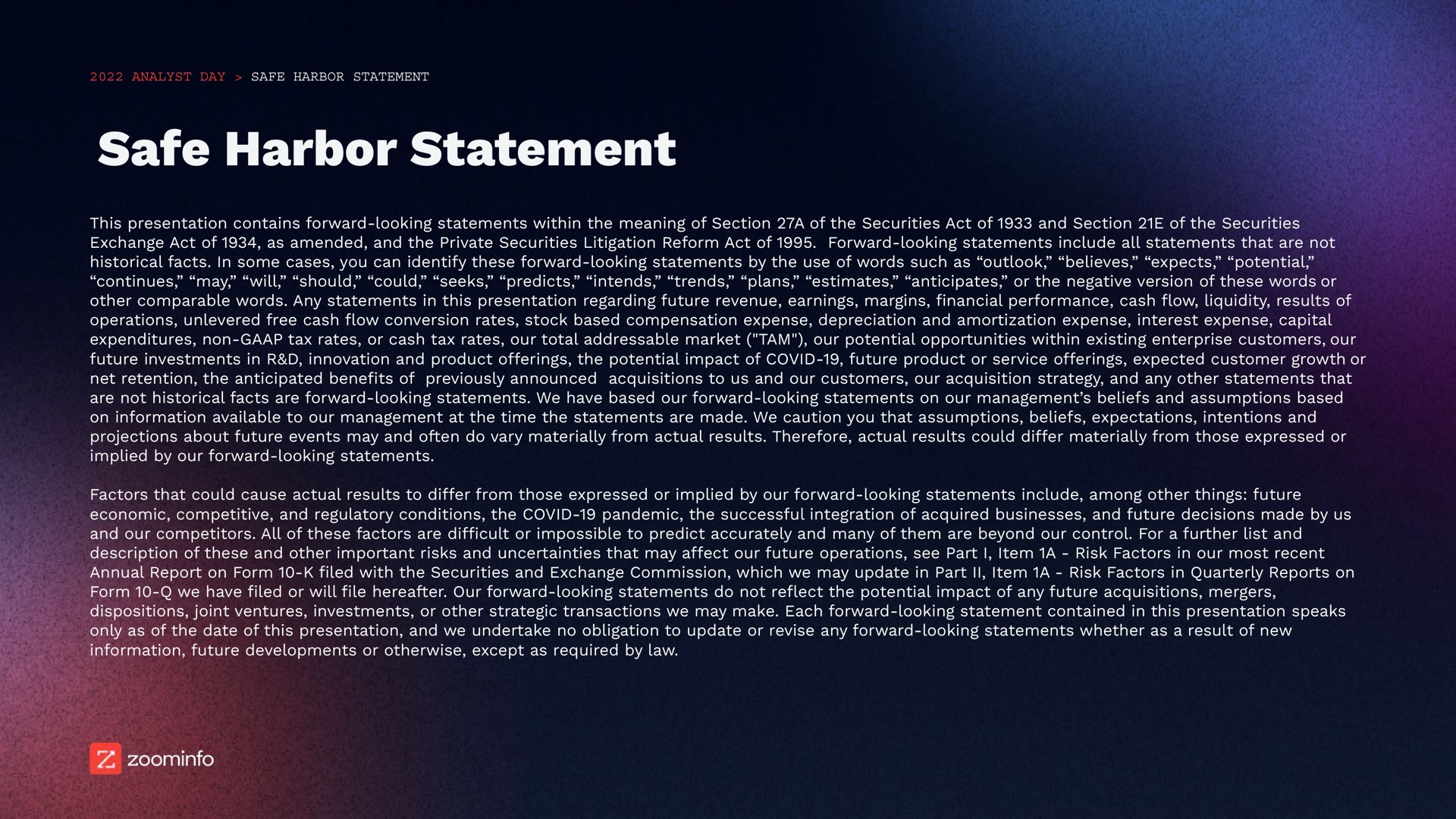 safe harbor statement | Zoominfo