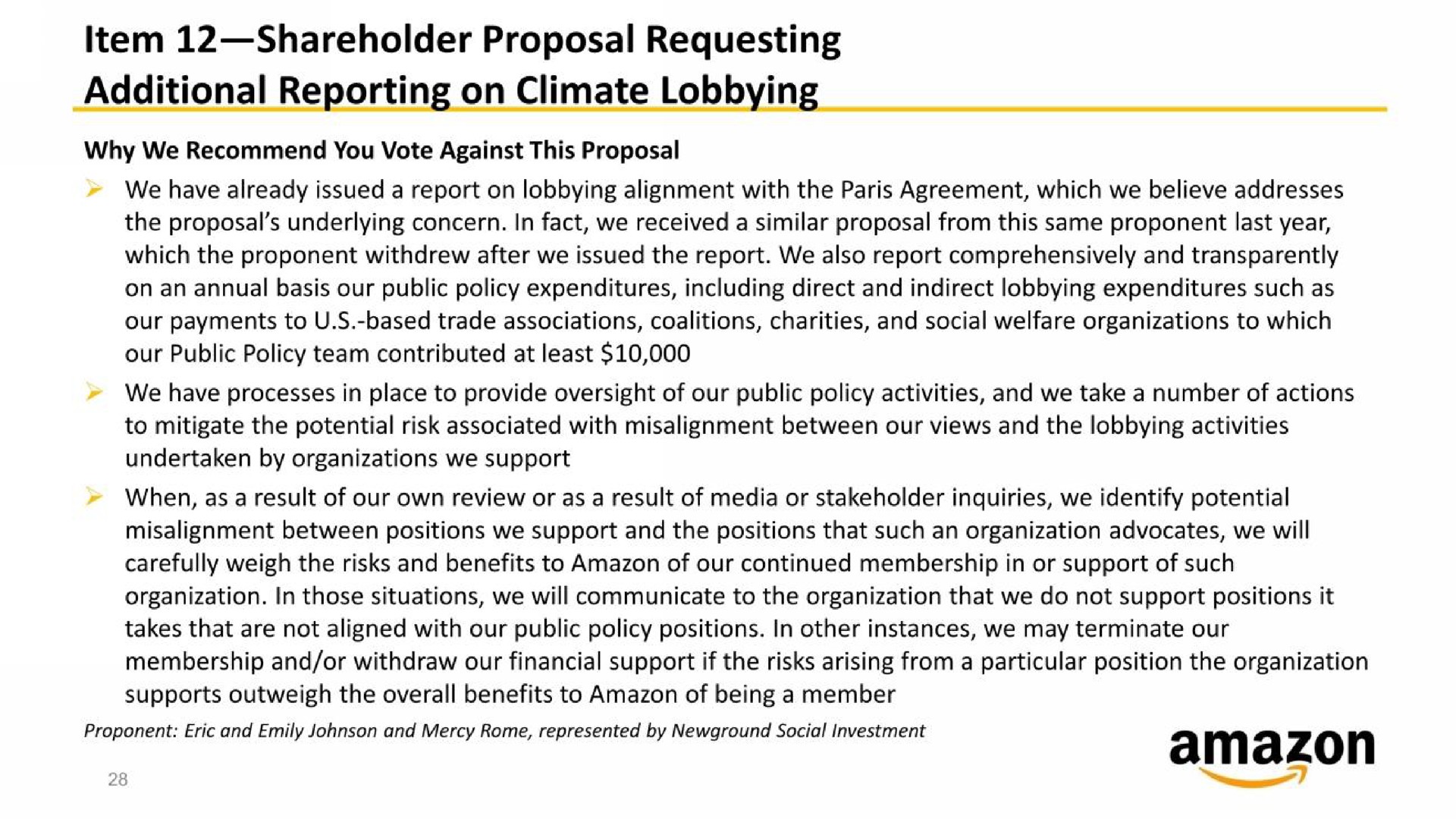 item shareholder proposal requesting additional reporting on climate lobbying | Amazon