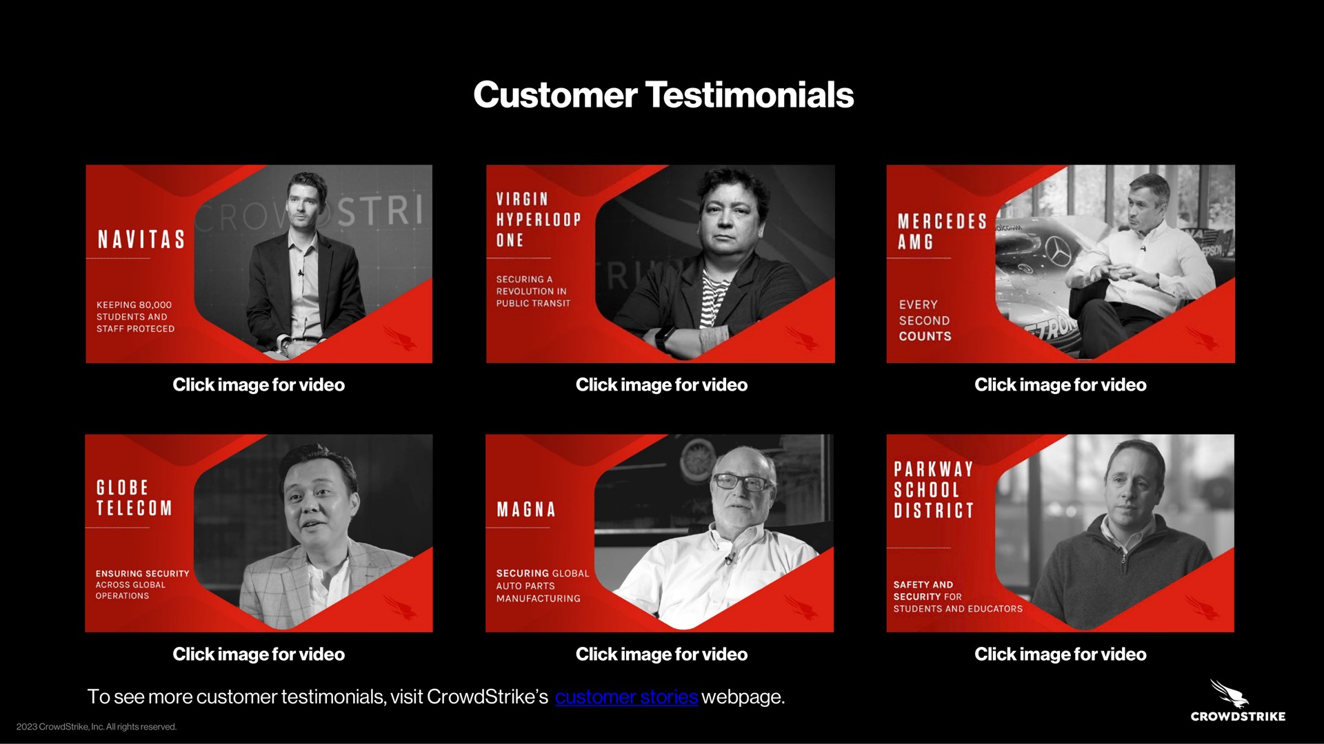 customer testimonials click image for video click image for video click image for video click image for video click image for video click image for video to see more customer testimonials visit customer stories one tae be | Crowdstrike