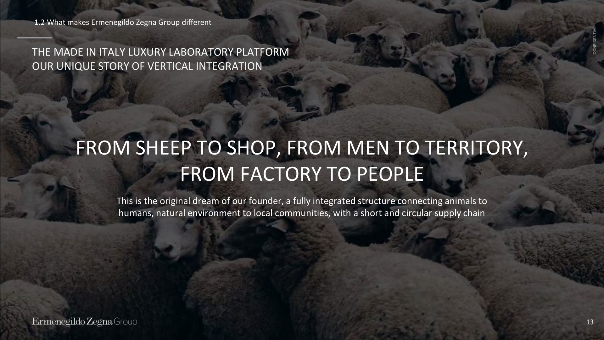 what makes group different the made in luxury laboratory platform our unique story of vertical integration from sheep to shop from men to territory from factory to people this is the original dream of our founder a fully integrated structure connecting animals to humans natural environment to local communities with a short and circular supply chain ewe | Zegna