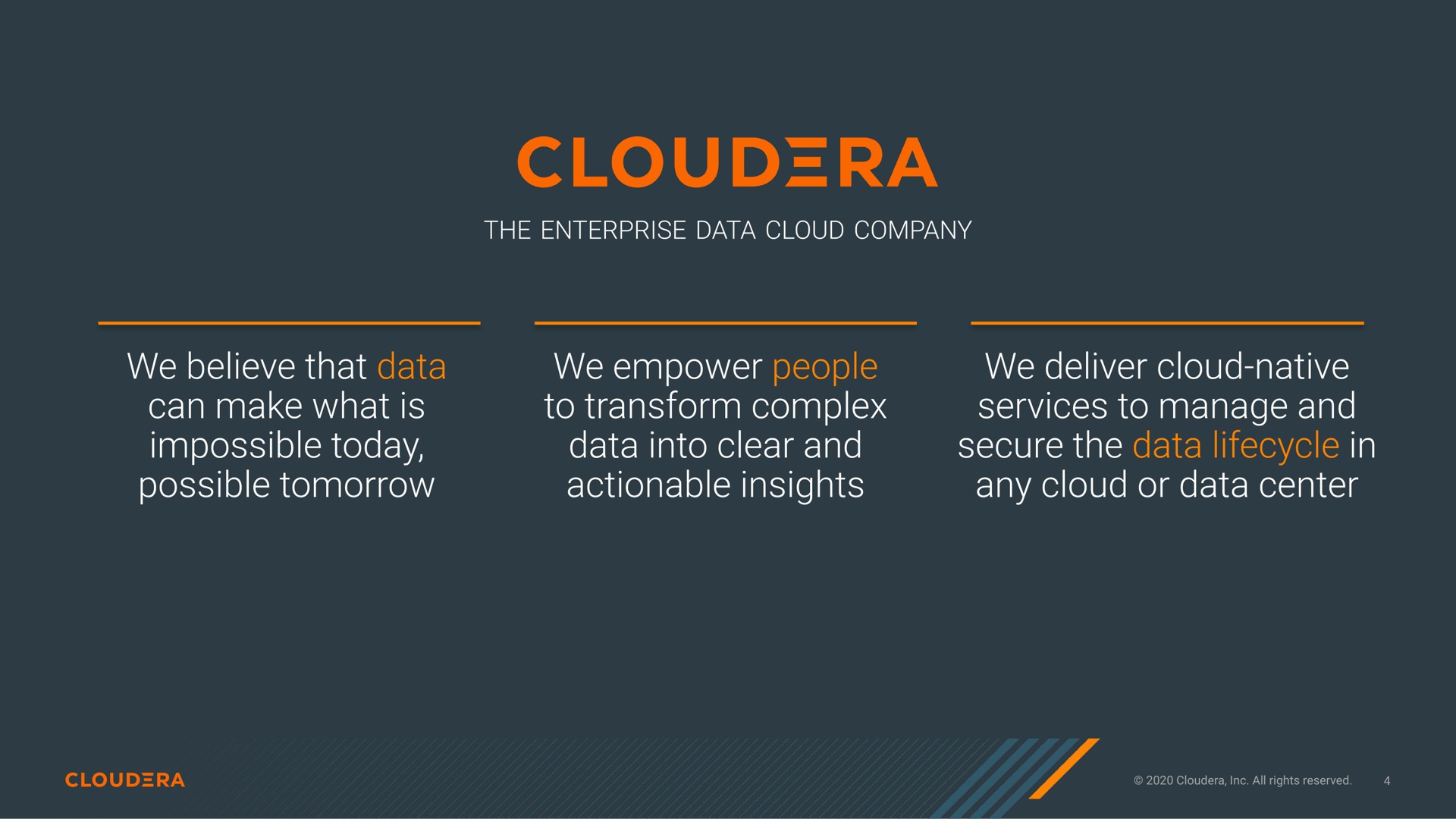 cloud can make what is impossible today possible tomorrow to transform complex data into clear and actionable insights services to manage and secure the data in any cloud or data center | Cloudera