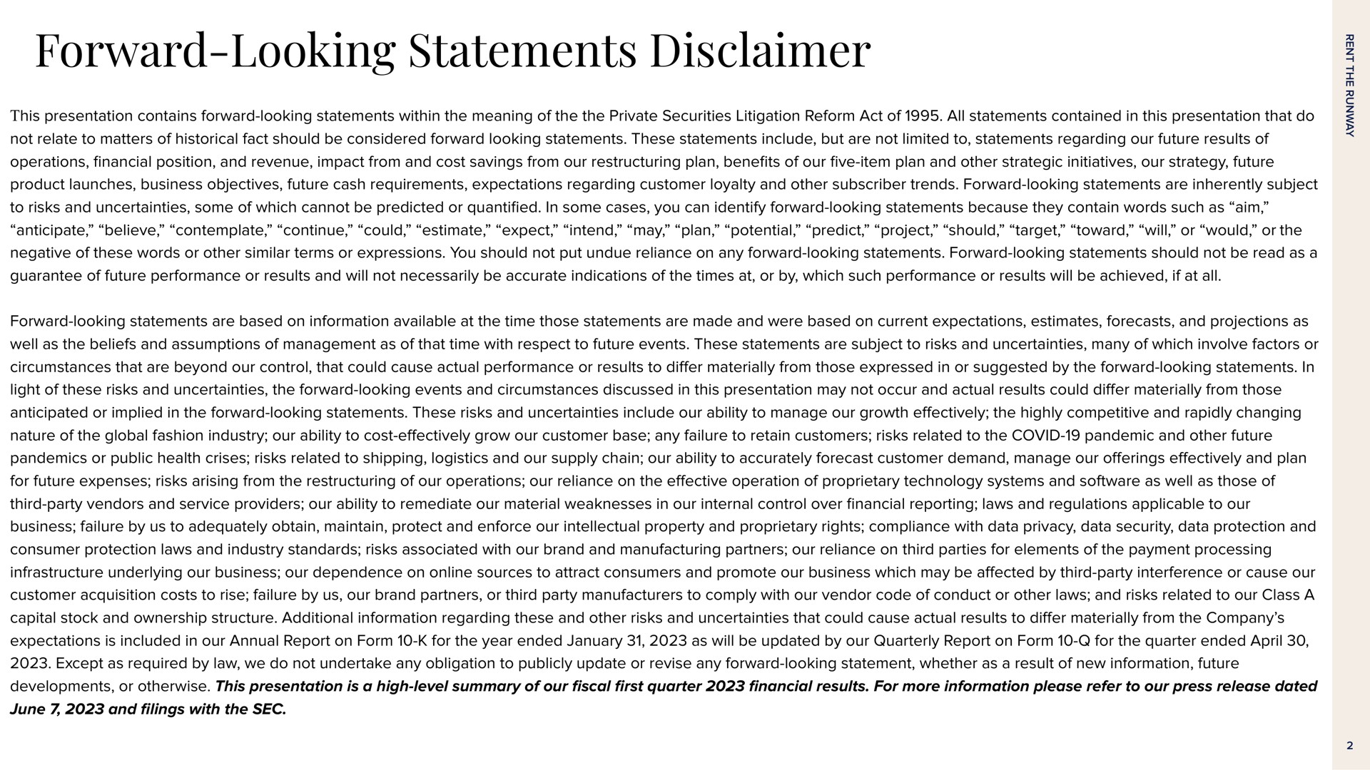 forward looking statements disclaimer | Rent The Runway