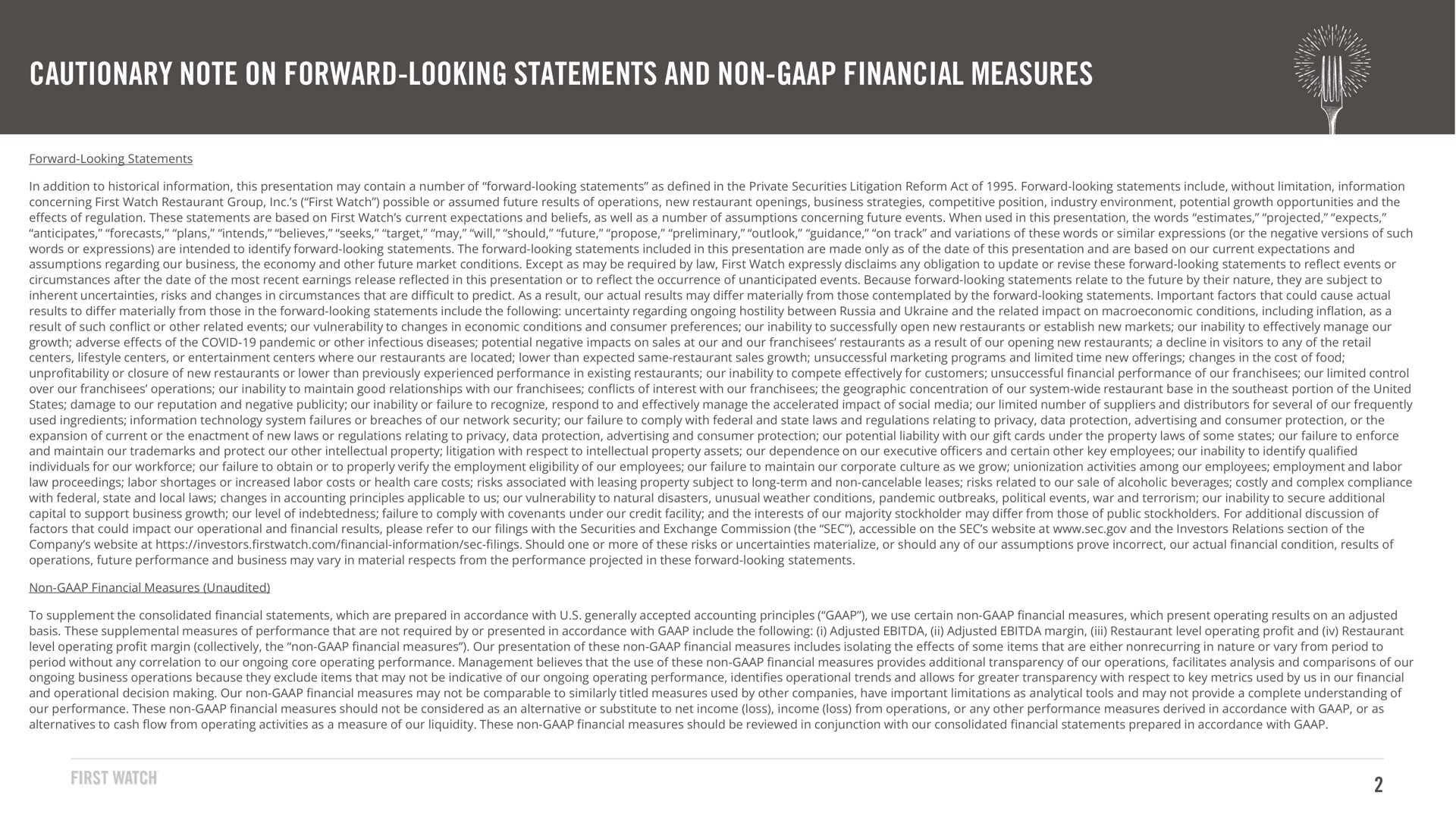 cautionary note on forward looking statements and non financial measures he susu eus | First Watch