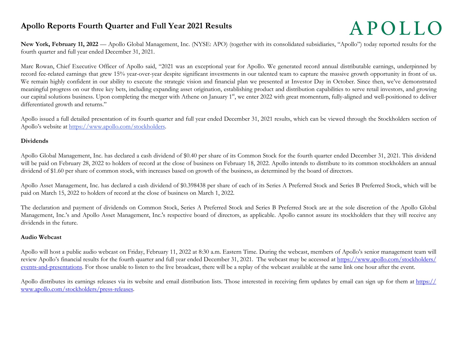 reports fourth quarter and full year results a | Apollo Global Management