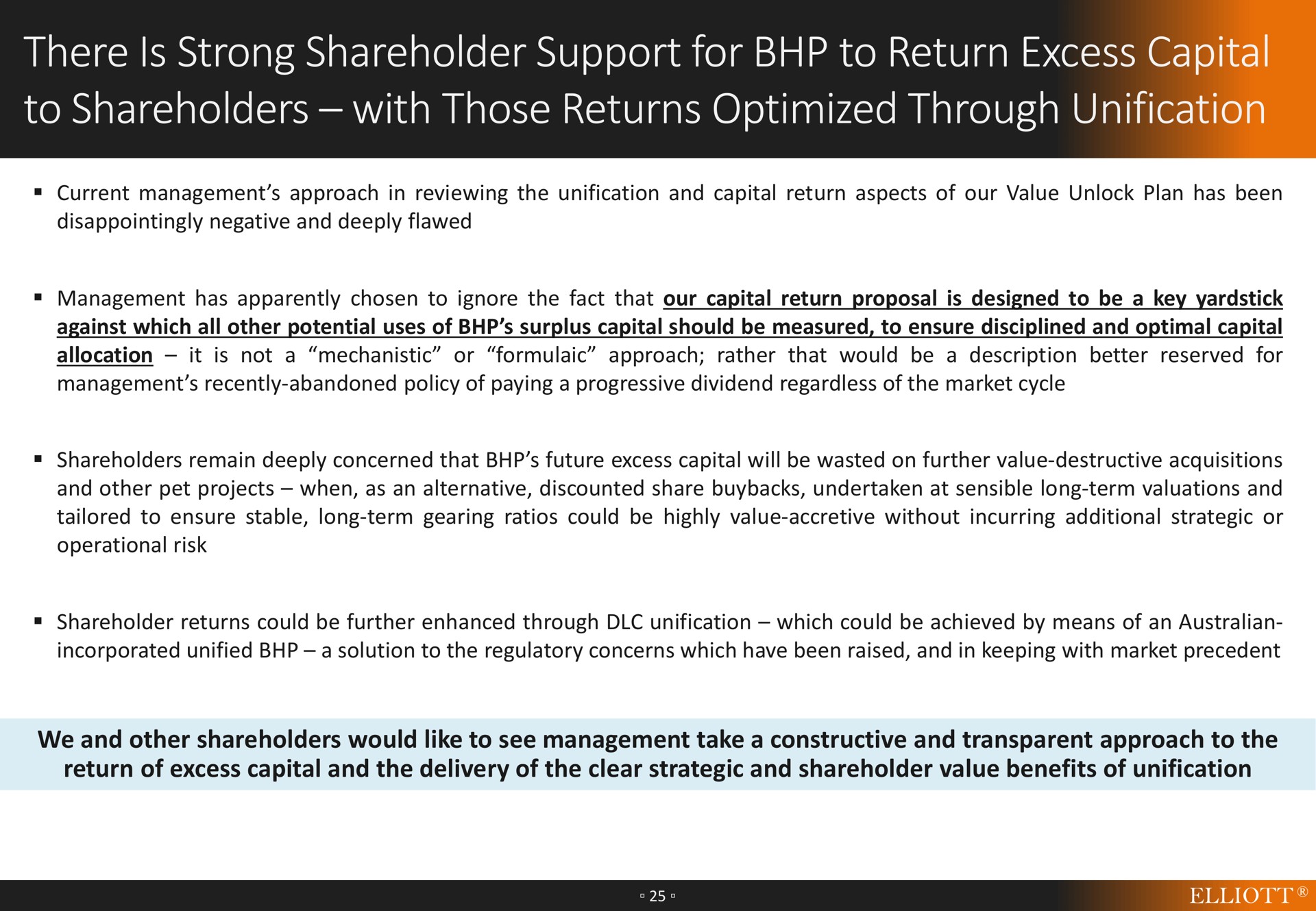 there is strong shareholder support for to return excess capital to shareholders with those returns optimized through unification | Elliott Management