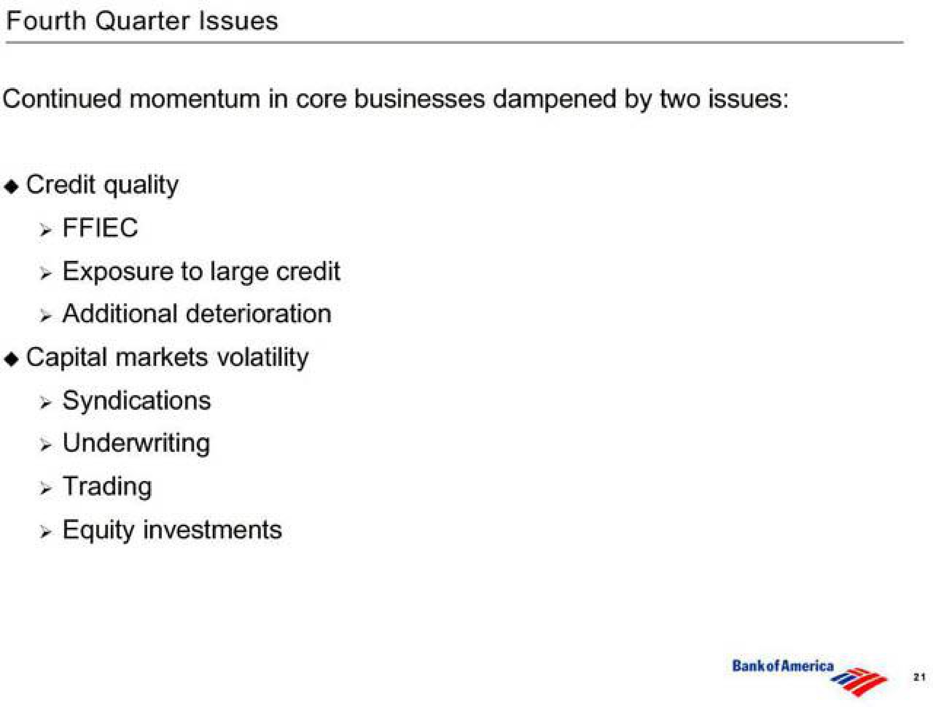 fourth quarter issues continued momentum in core businesses dampened by two issues credit quality exposure to large credit additional deterioration capital markets volatility syndications underwriting trading equity investments | Bank of America