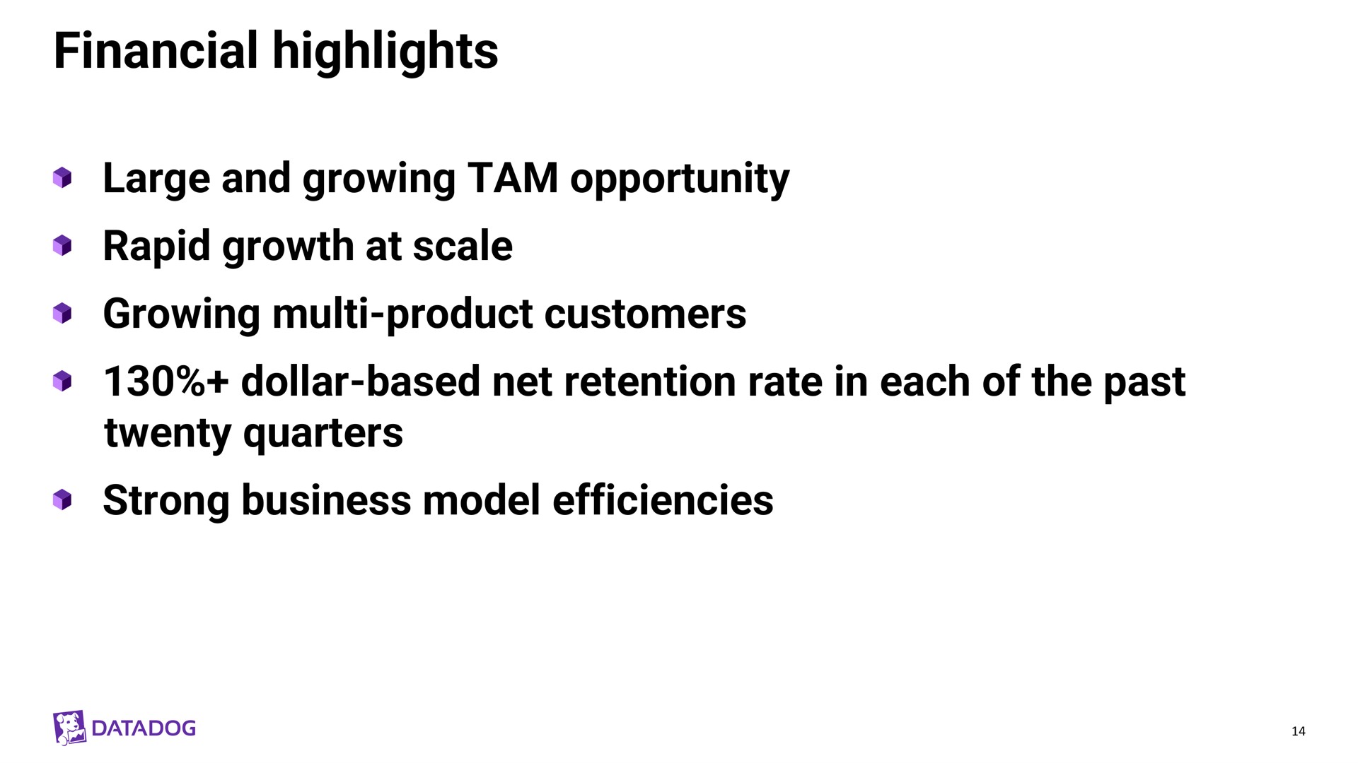 financial highlights large and growing tam opportunity rapid growth at scale growing product customers dollar based net retention rate in each of the past twenty quarters strong business model efficiencies | Datadog