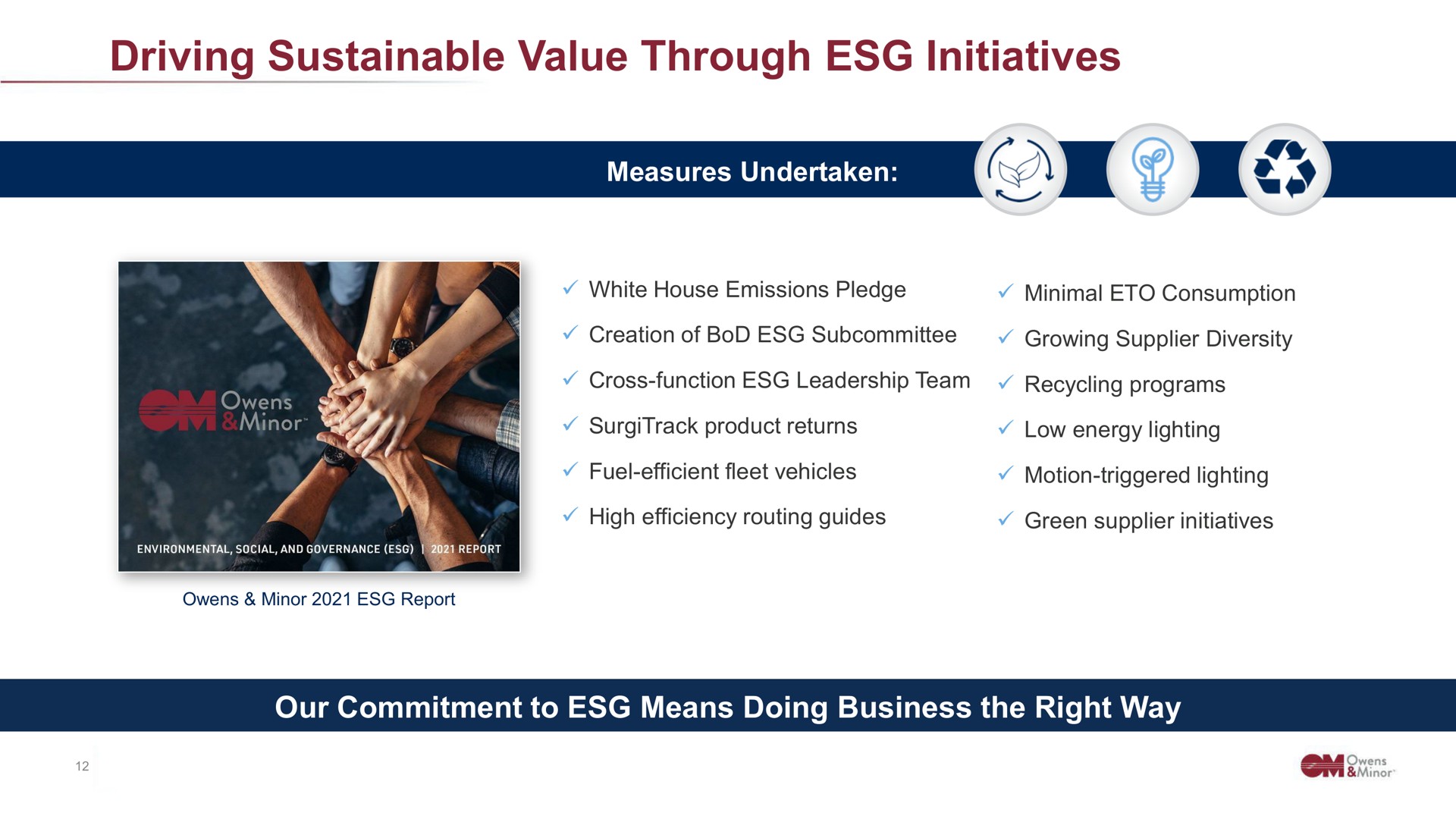 driving sustainable value through initiatives a our commitment to means doing business the right way | Owens&Minor
