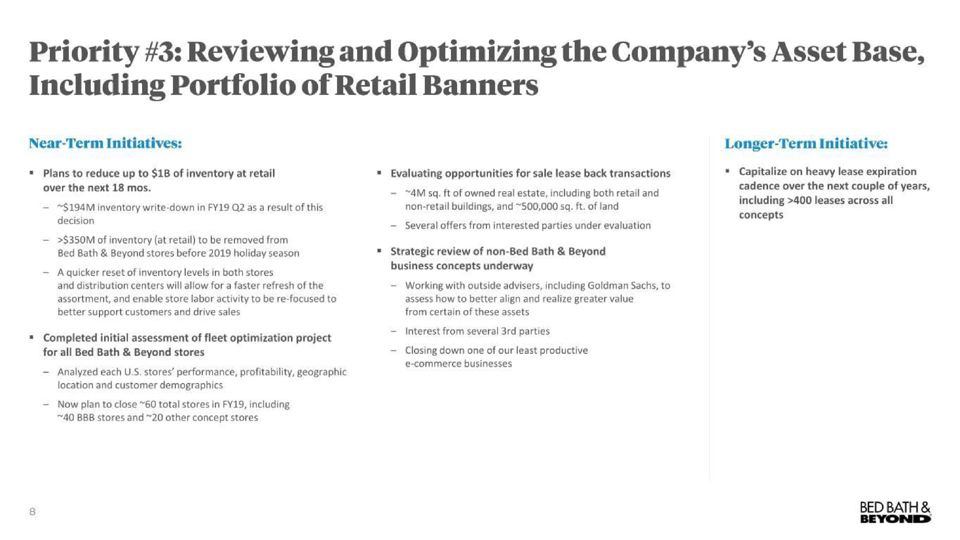 priority reviewing and optimizing the company asset base including portfolio of retail banners bed bath | Bed Bath & Beyond
