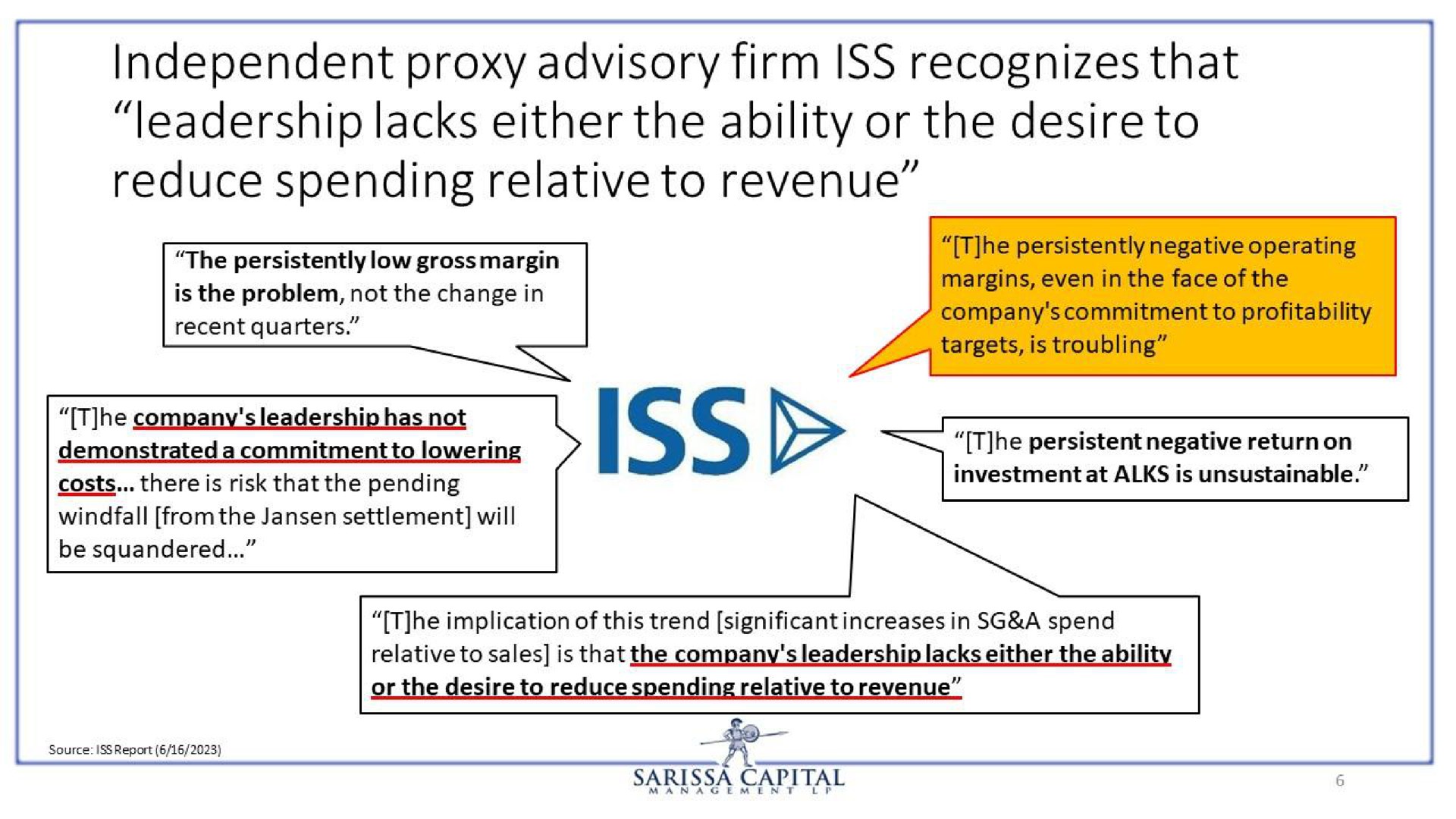independent proxy advisory firm iss recognizes that leadership lacks either the ability or the desire to reduce spending relative to revenue | Sarissa Capital