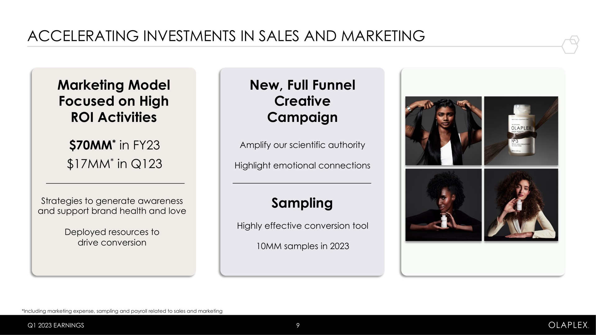 accelerating investments in sales and marketing marketing model focused on high roi activities new full funnel creative campaign sampling | Olaplex