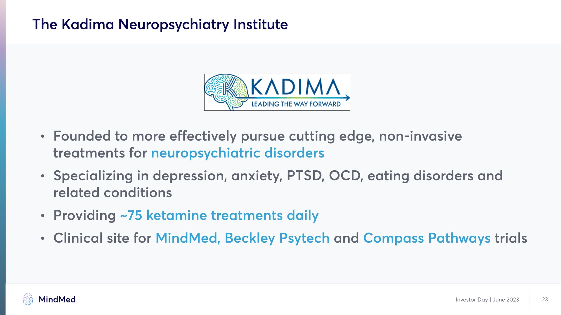 the neuropsychiatry institute founded to more effectively pursue cutting edge non invasive treatments for neuropsychiatric disorder specializing in depression anxiety eating disorders and related condition providing treatments clinical site for and compass pathways trials daily | MindMed
