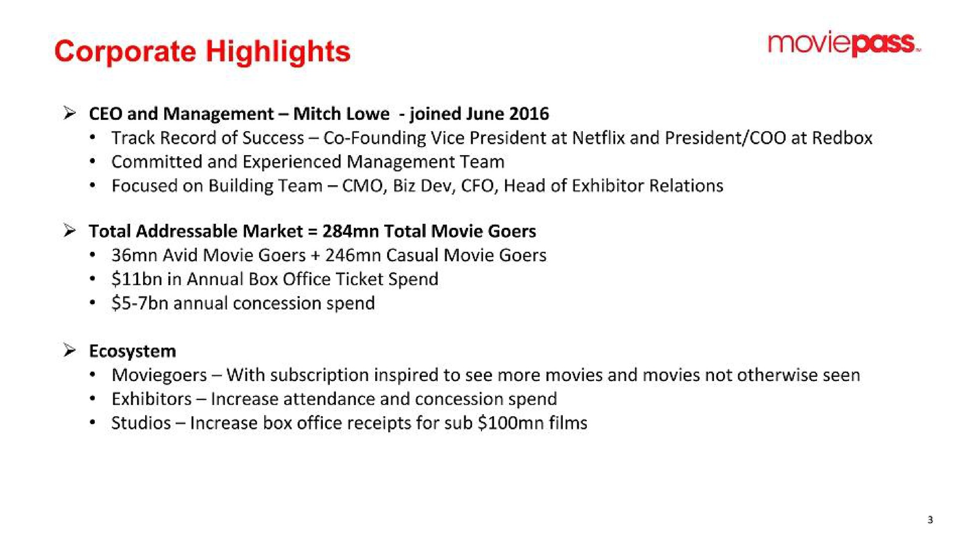 corporate highlights | MoviePass