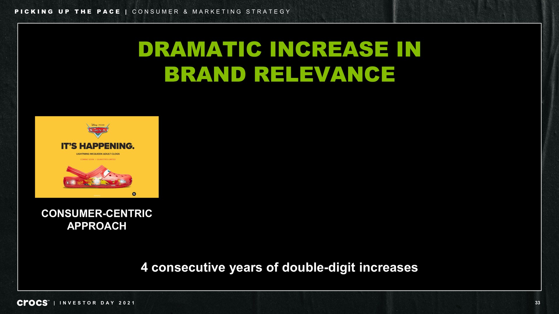 dramatic increase in brand relevance consumer centric approach consecutive years of double digit increases picking up the pace consumer marketing strategy it happening investor day | Crocs
