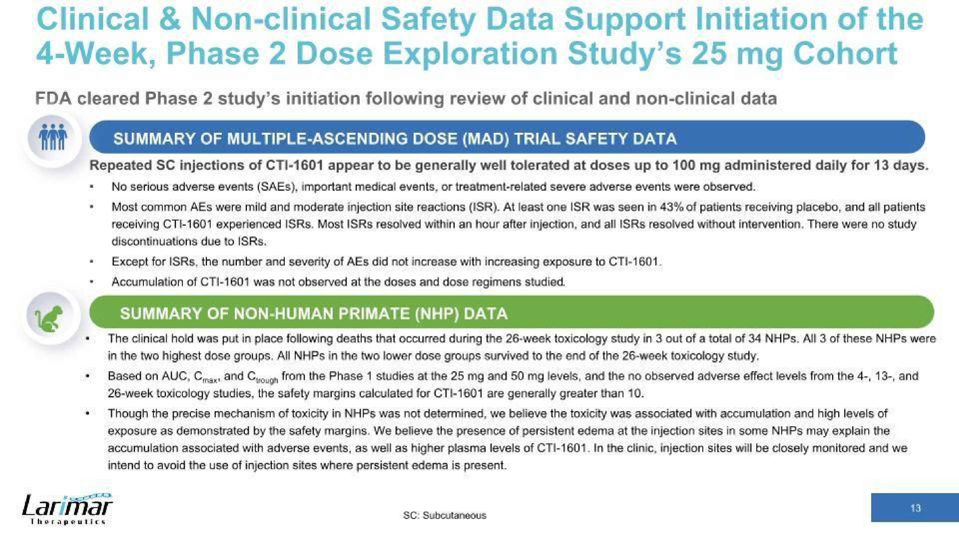 clinical non clinical safety data support initiation of the week phase dose exploration study cohort | Larimar Therapeutics