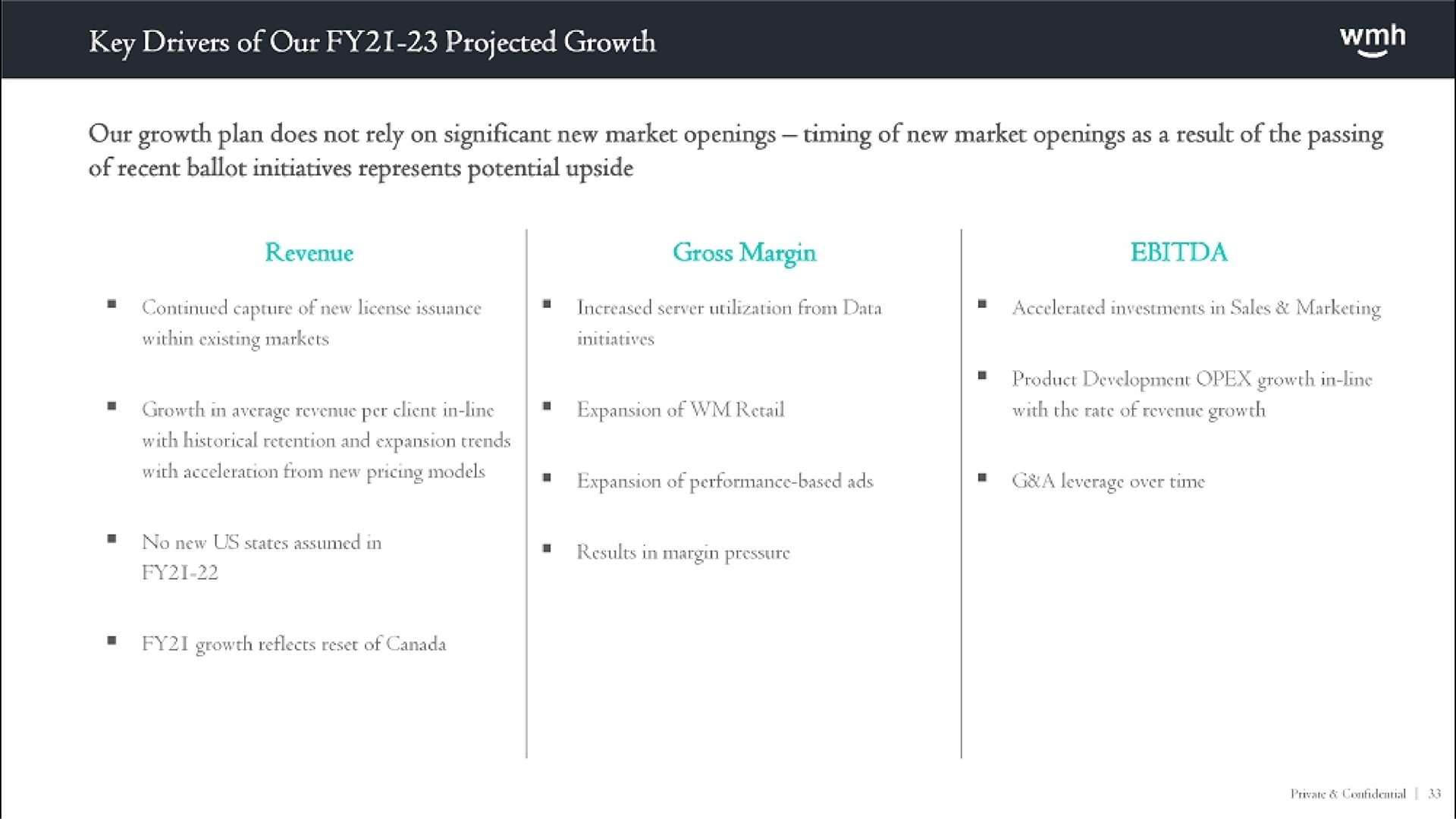 key drivers of our projected growth our growth plan does not rely on significant new market openings timing of new market openings as a result of the passing of recent ballot initiatives represents potential upside | WM Holding