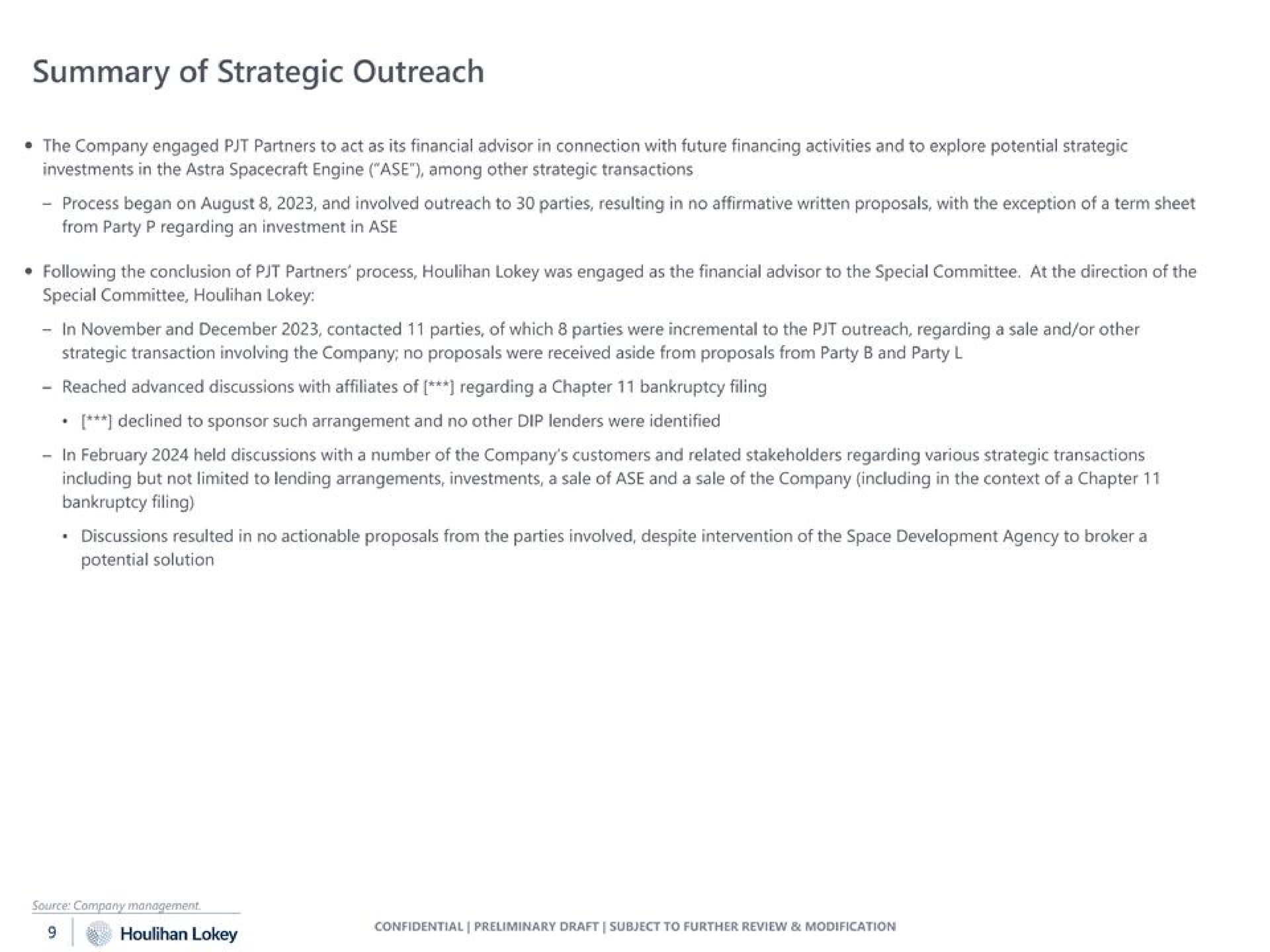 summary of strategic outreach | Houlihan Lokey