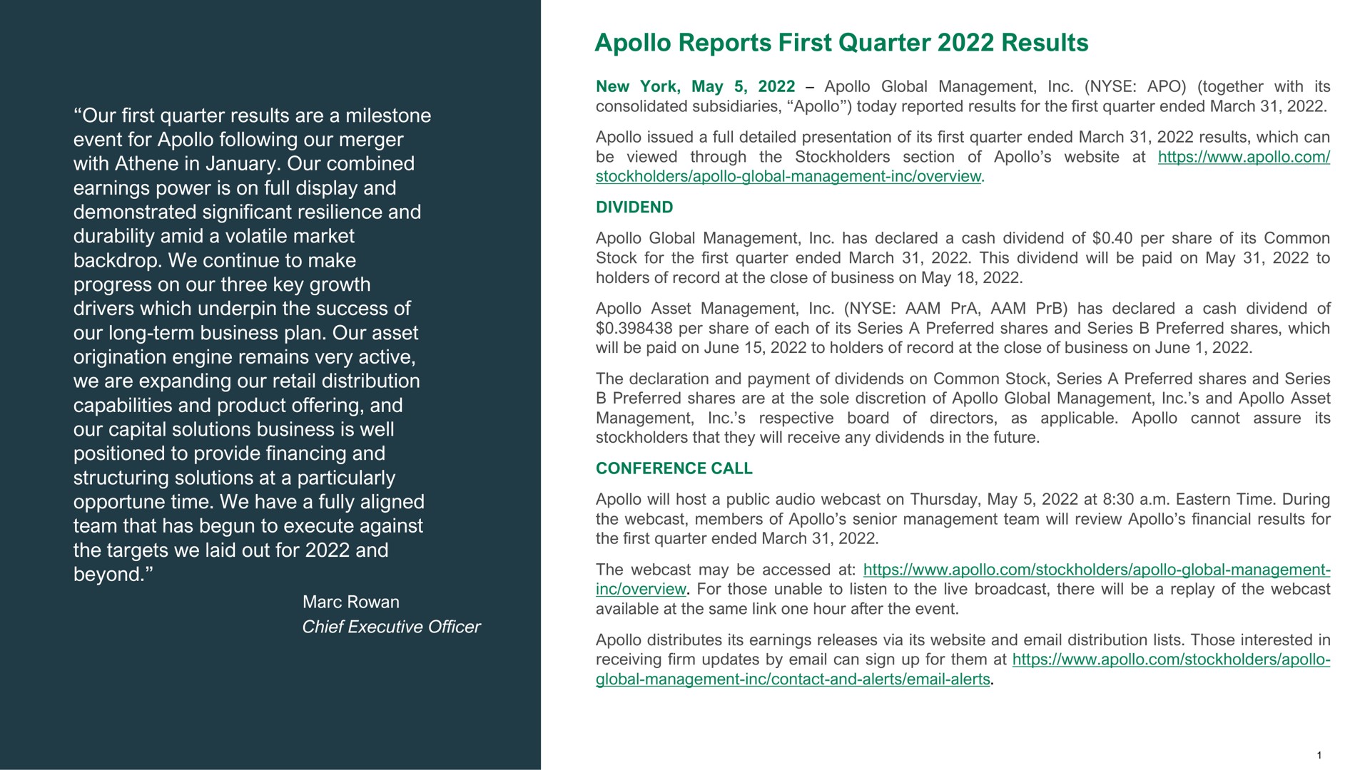 reports first quarter results | Apollo Global Management