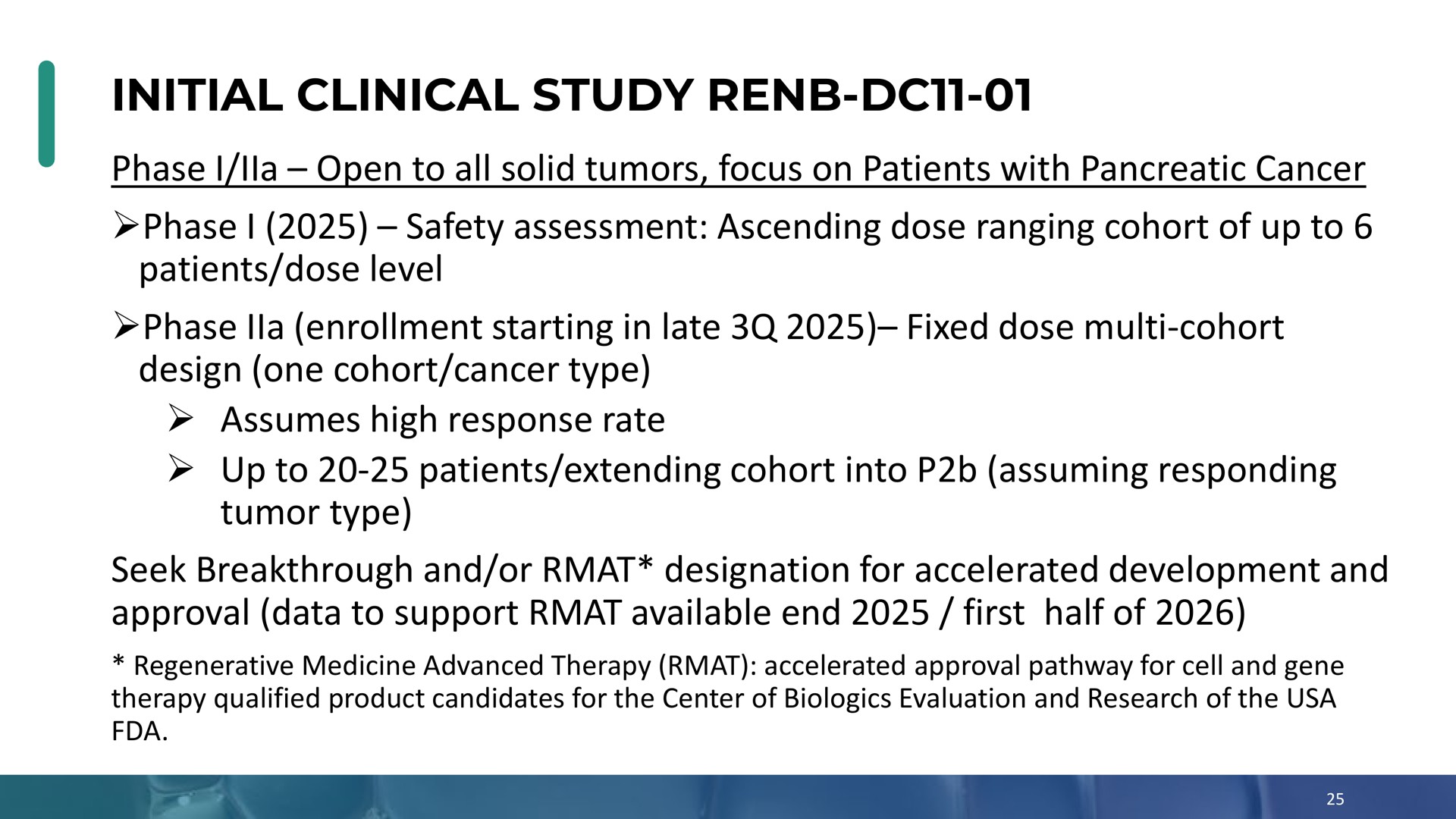 initial clinical study phase i open to all solid tumors focus on patients with pancreatic cancer phase i safety assessment ascending dose ranging cohort of up to patients dose level phase enrollment starting in late fixed dose cohort design one cohort cancer type assumes high response rate up to patients extending cohort into assuming responding tumor type seek breakthrough and or designation for accelerated development and approval data to support available end first half of | Enochian Biosciences