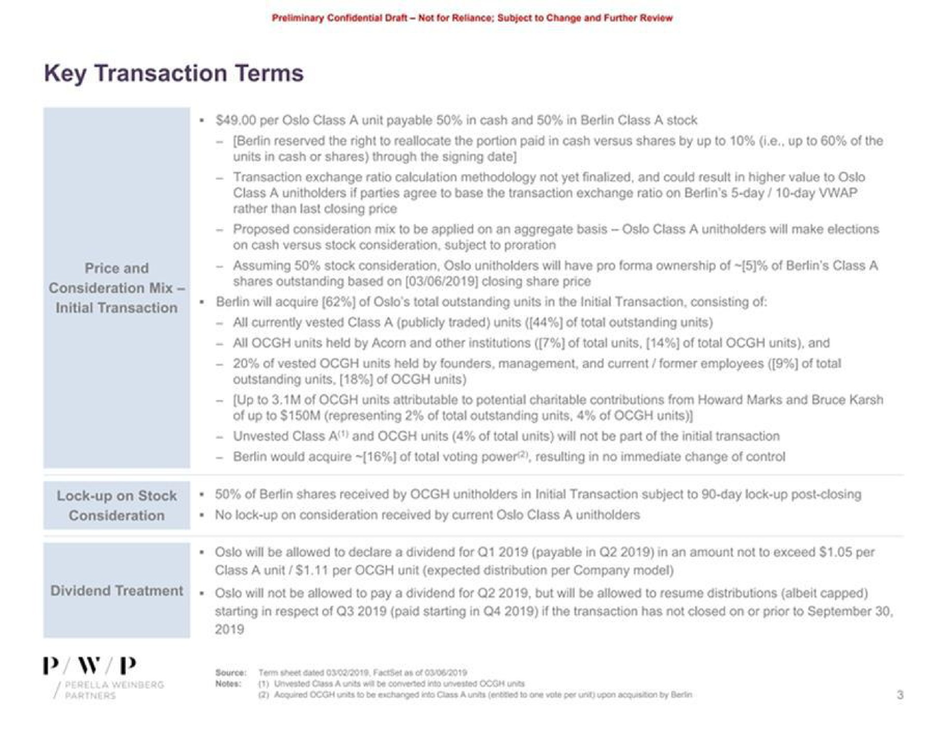 confidential draft not for reliance subject to change and further review key transaction terms all currently vested class a publicly traded units of total outstanding units consideration no lock up on consideration received by current class a dividend treatment will not be allowed to pay a dividend for but will be allowed to resume distributions albeit capped | Perella Weinberg Partners