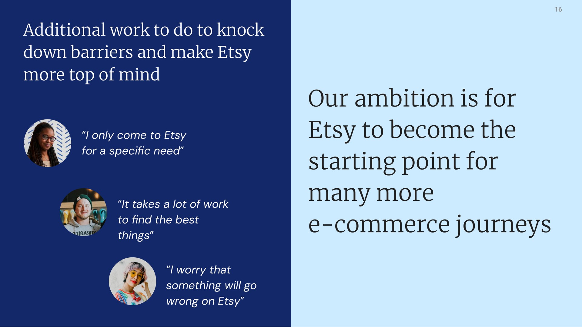additional work to do to knock down barriers and make more top of mind our ambition is for to become the starting point for many more commerce journeys | Etsy