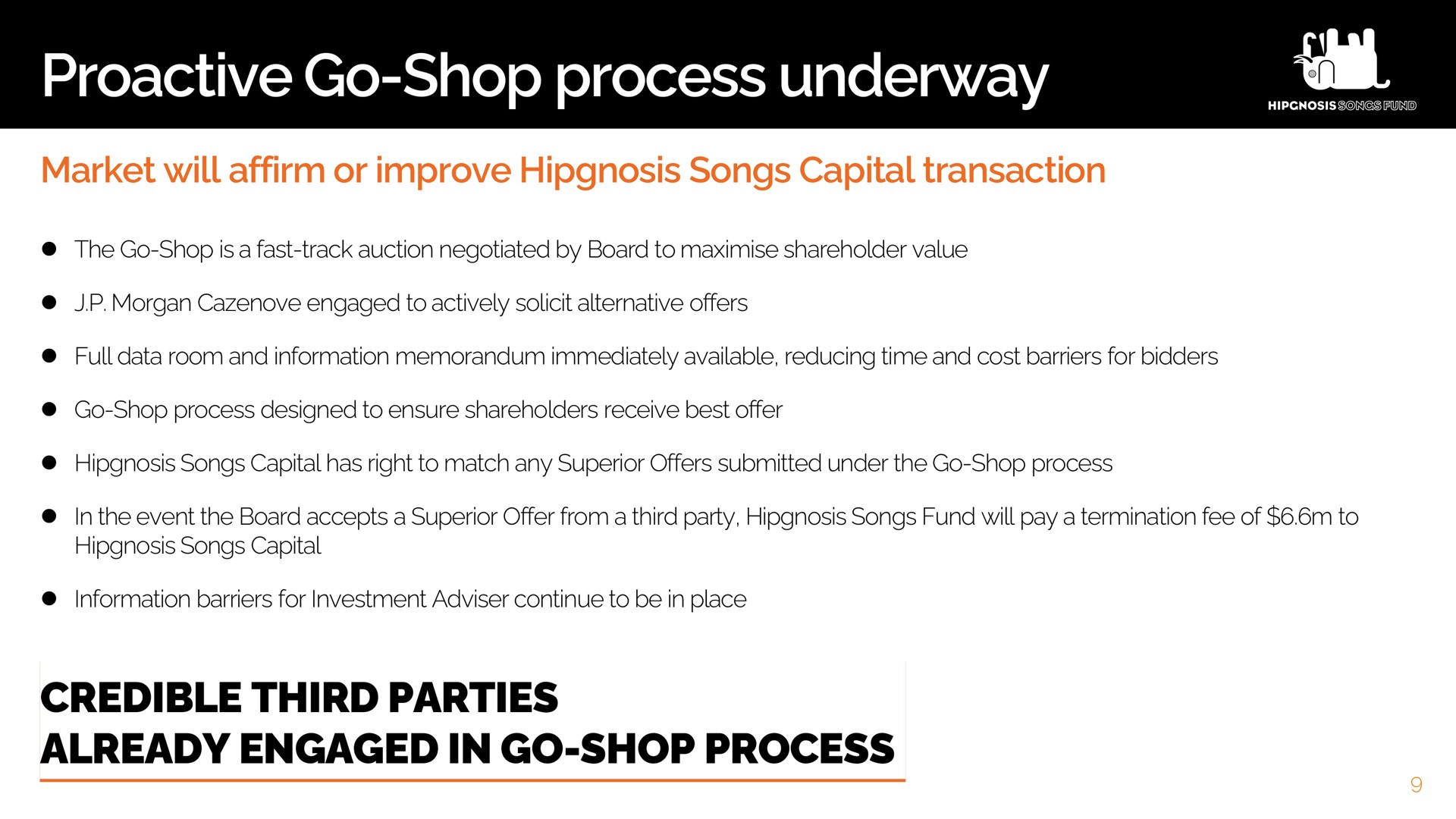 go shop process underway credible third parties already engaged in | Hipgnosis Songs Fund