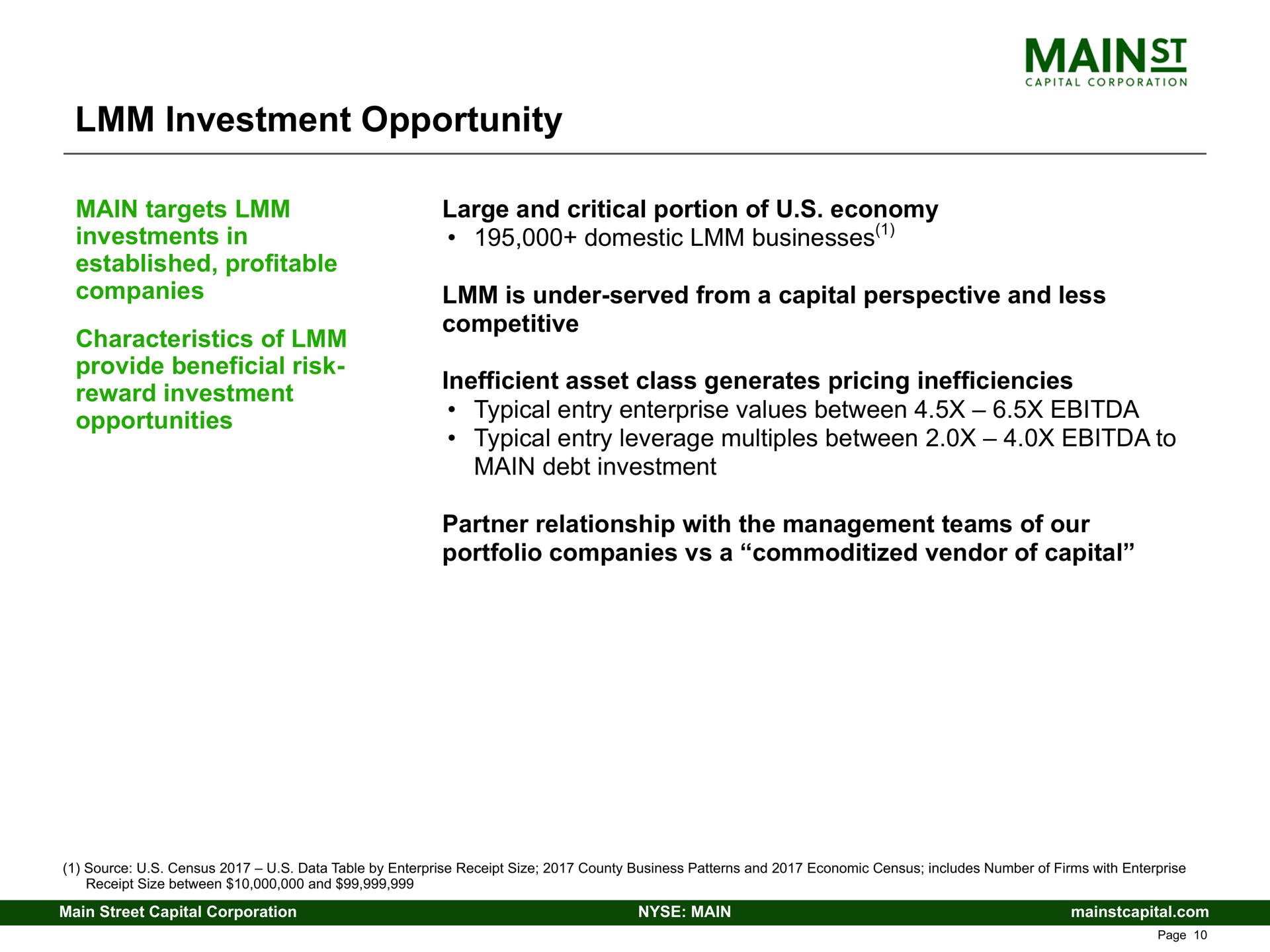 investment opportunity investments in domestic businesses competitive | Main Street Capital