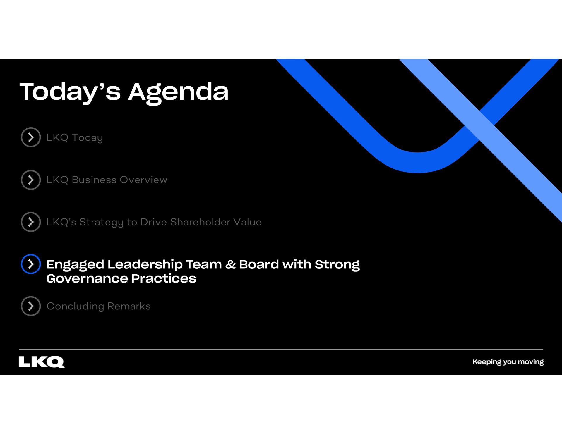 today agenda today business overview strategy to drive shareholder value engaged leadership team board with strong governance practices concluding remarks | LKQ