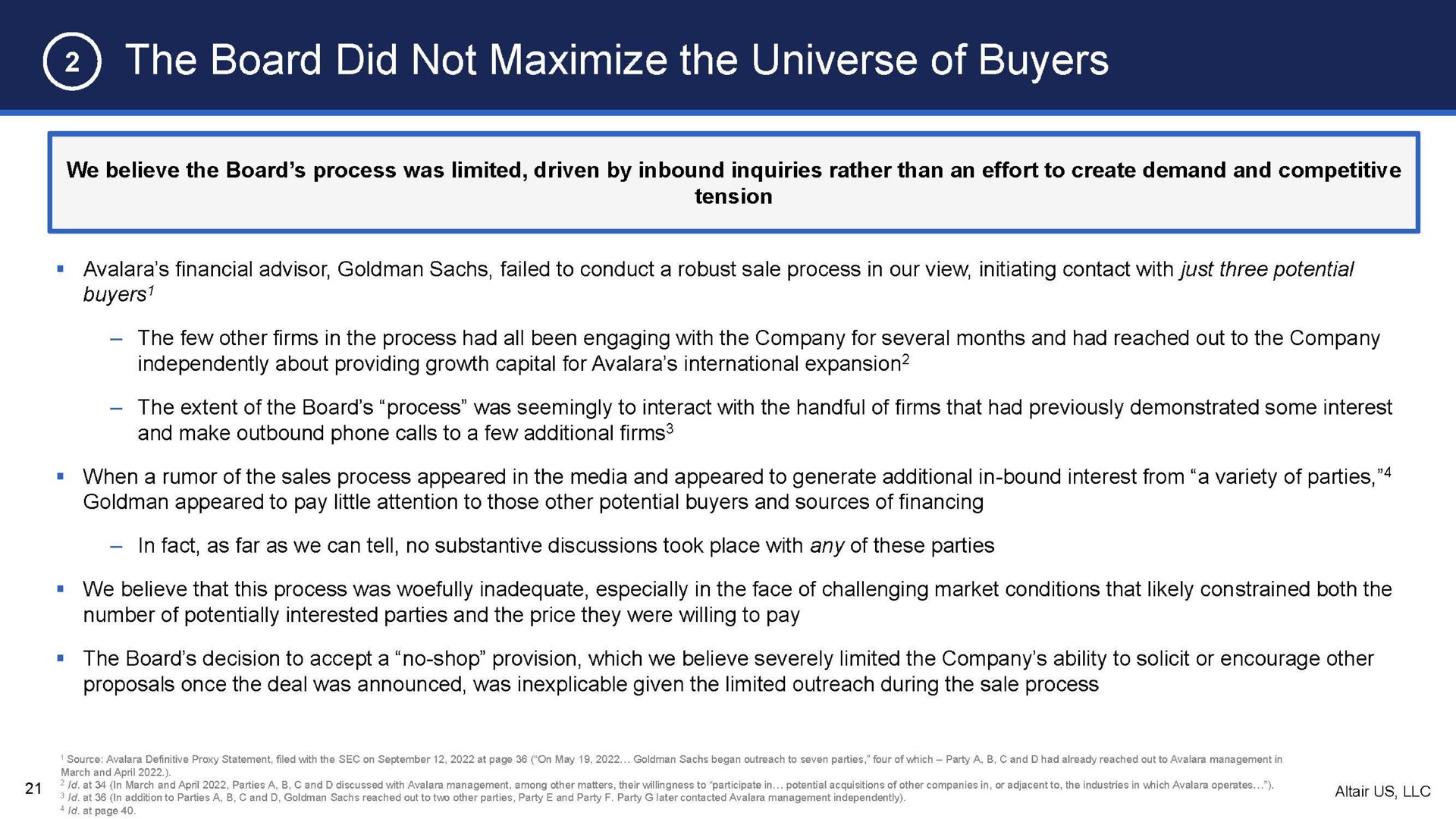 the board did not maximize the universe of buyers | Altair US LLC
