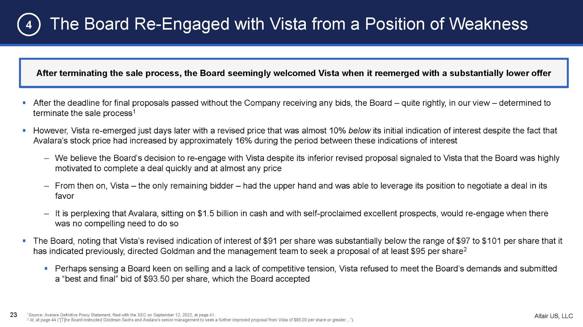 the board engaged with vista from a position of weakness | Altair US LLC