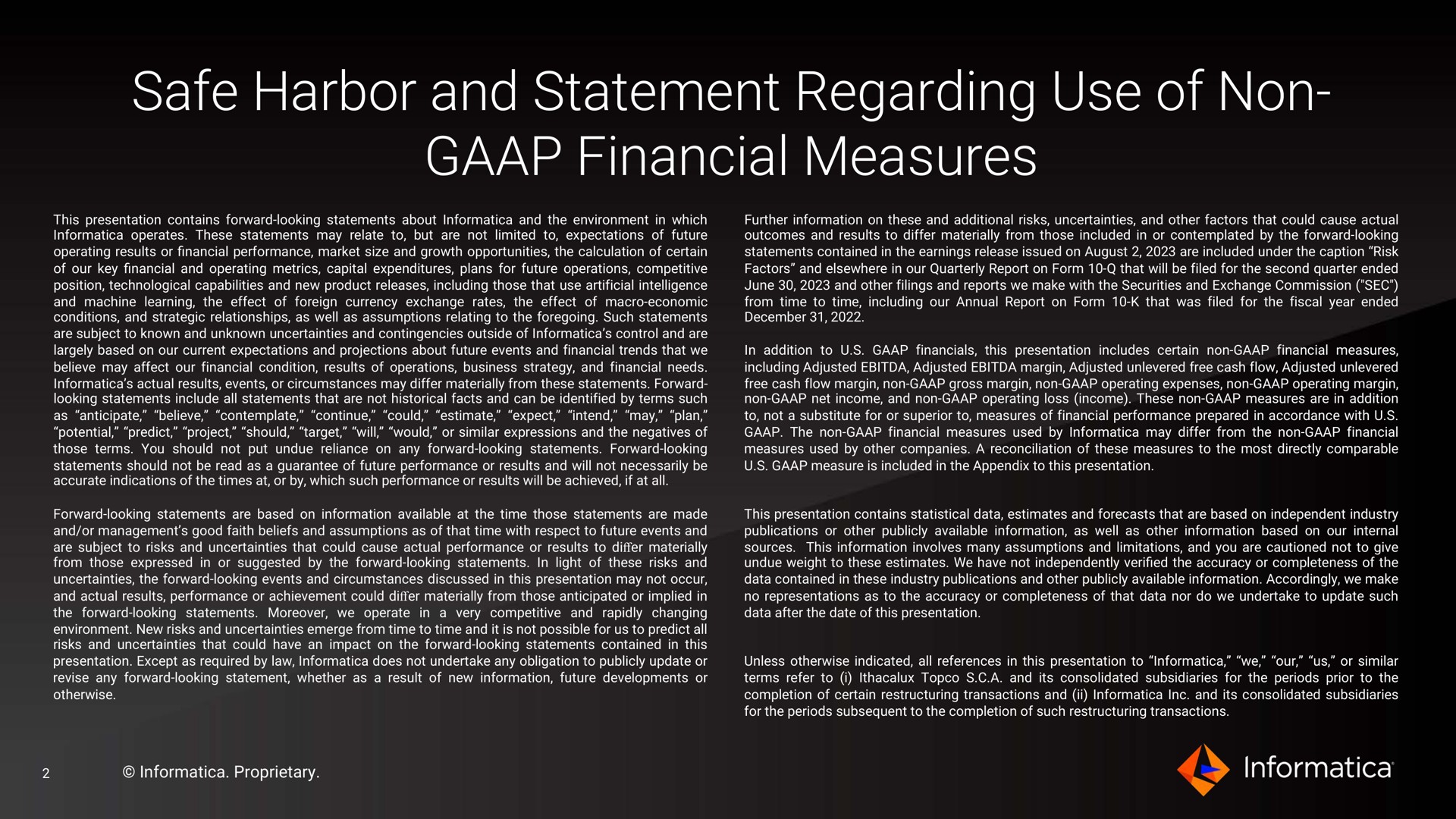 safe harbor and statement regarding use of non financial measures | Informatica