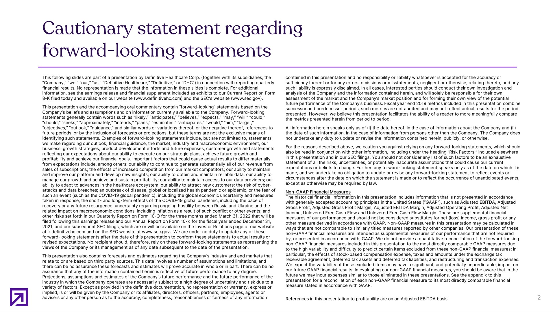 cautionary statement regarding forward looking statements | Definitive Healthcare