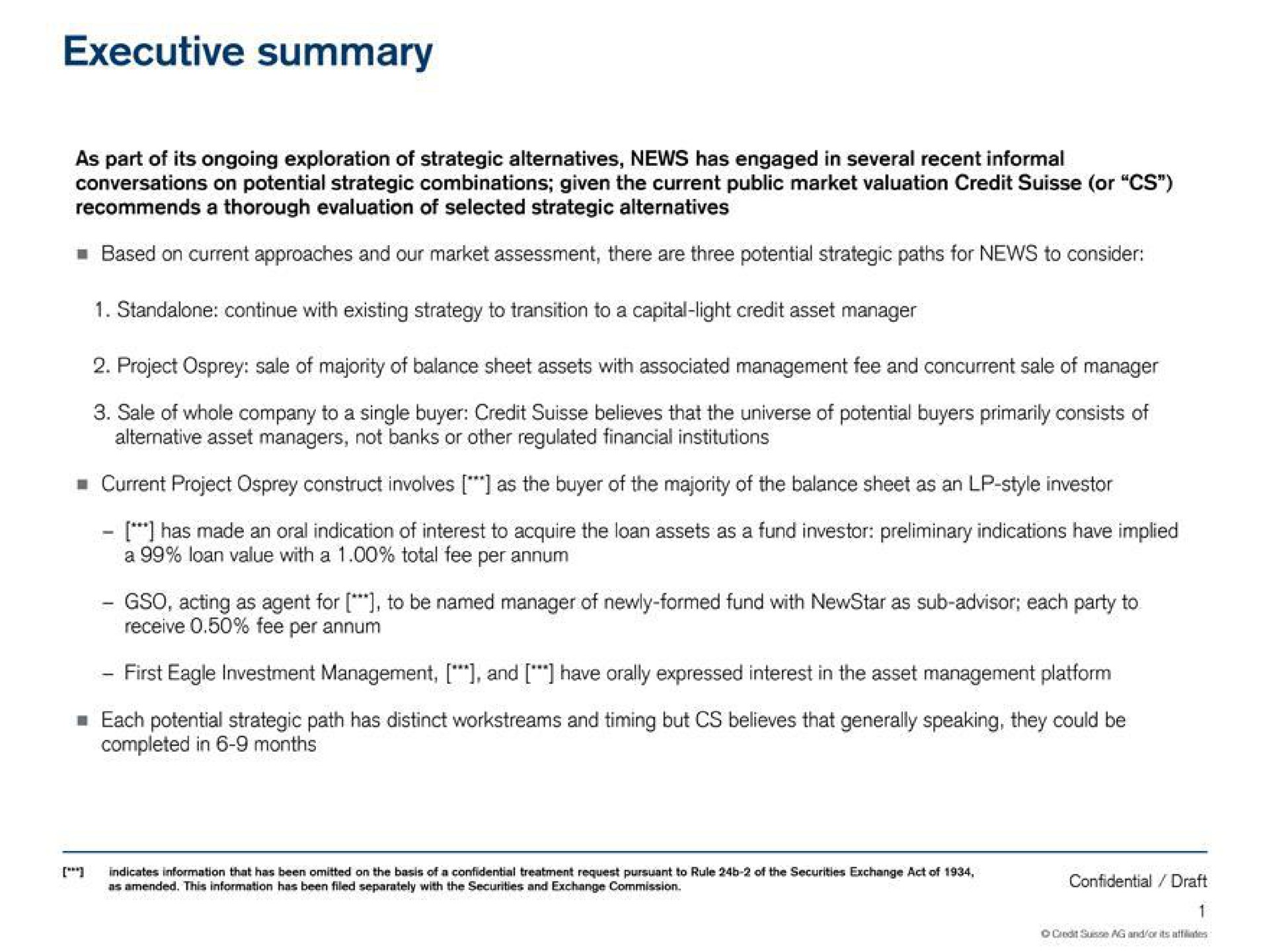executive summary current project osprey construct involves as the buyer of the majority of the balance sheet as an style investor | Credit Suisse