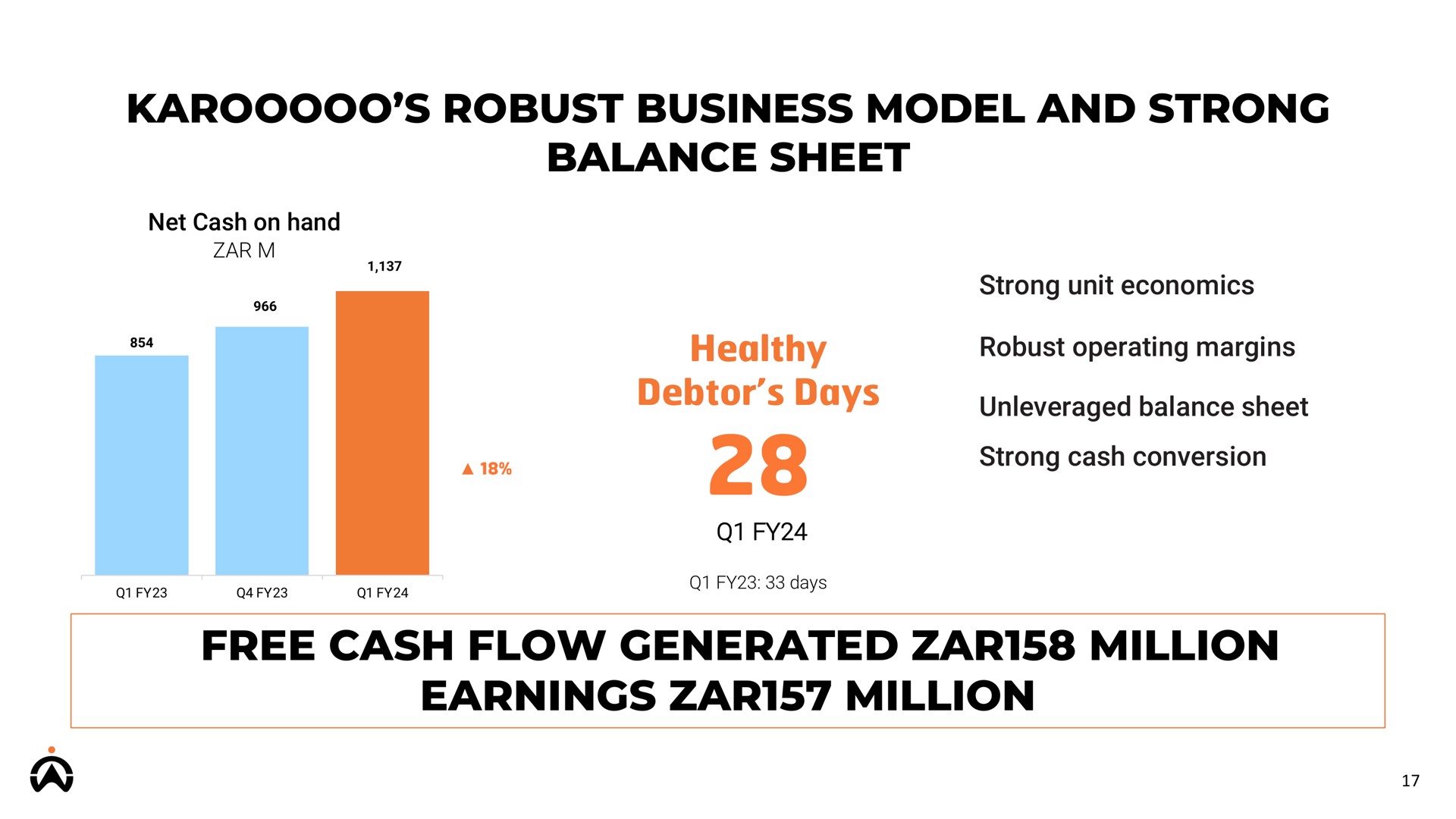 robust business model and strong balance sheet free cash flow generated zar million earnings zar million | Karooooo