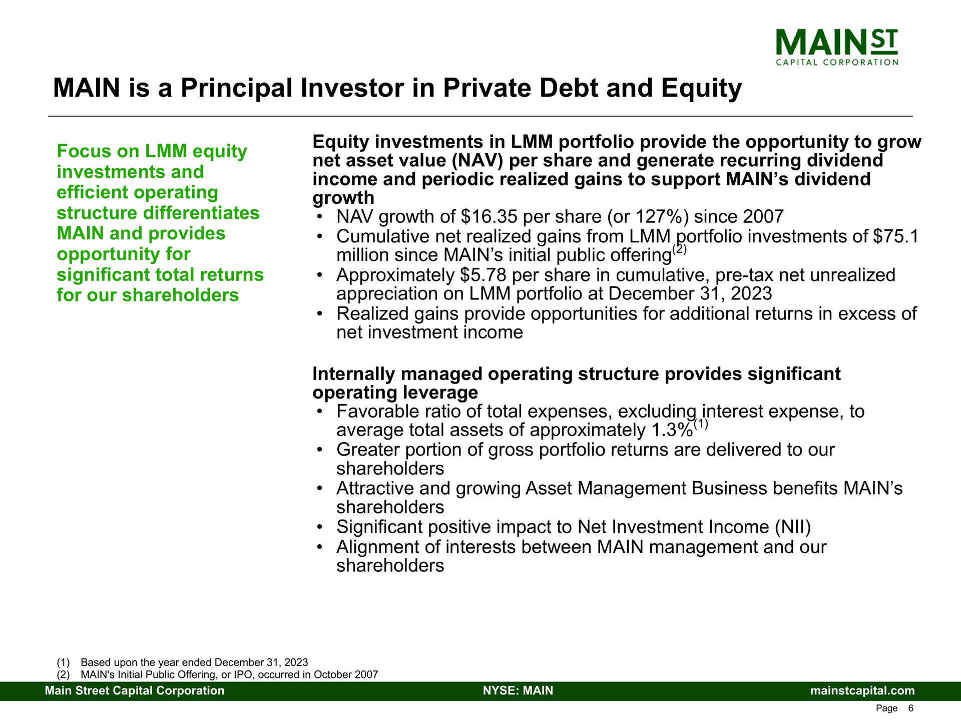 main is a principal investor in private debt and equity structure differentiates provides opportunity for growth of per share or since cumulative net realized gains from portfolio investments of million since initial public offering | Main Street Capital