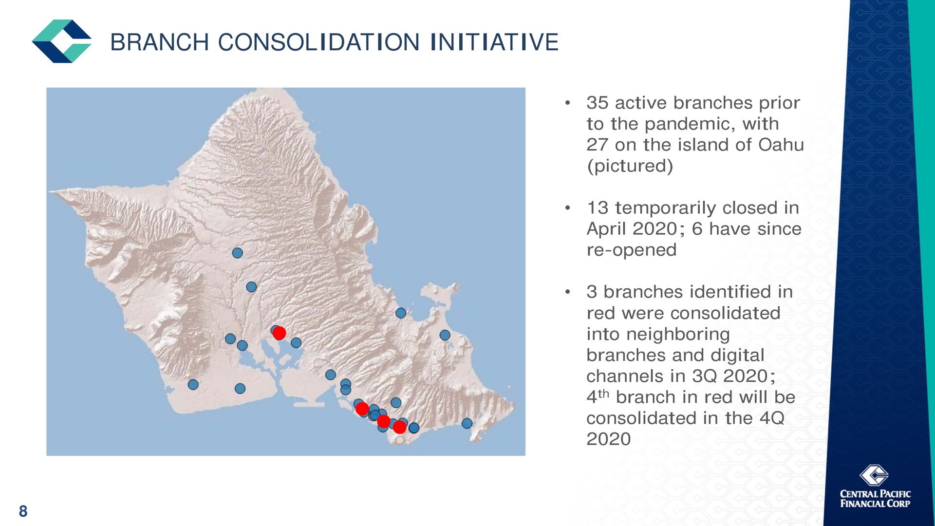branch consolidation initiative active branches prior to the pandemic with on the island of pictured temporarily closed in have since opened branches identified in red were consolidated into neighboring branches and digital channels in branch in red will be consolidated in the a | Central Pacific Financial