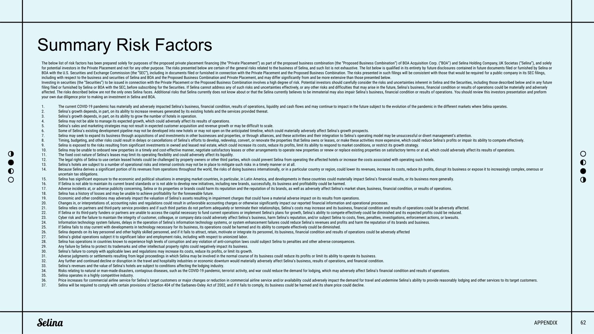 summary risk factors | Selina