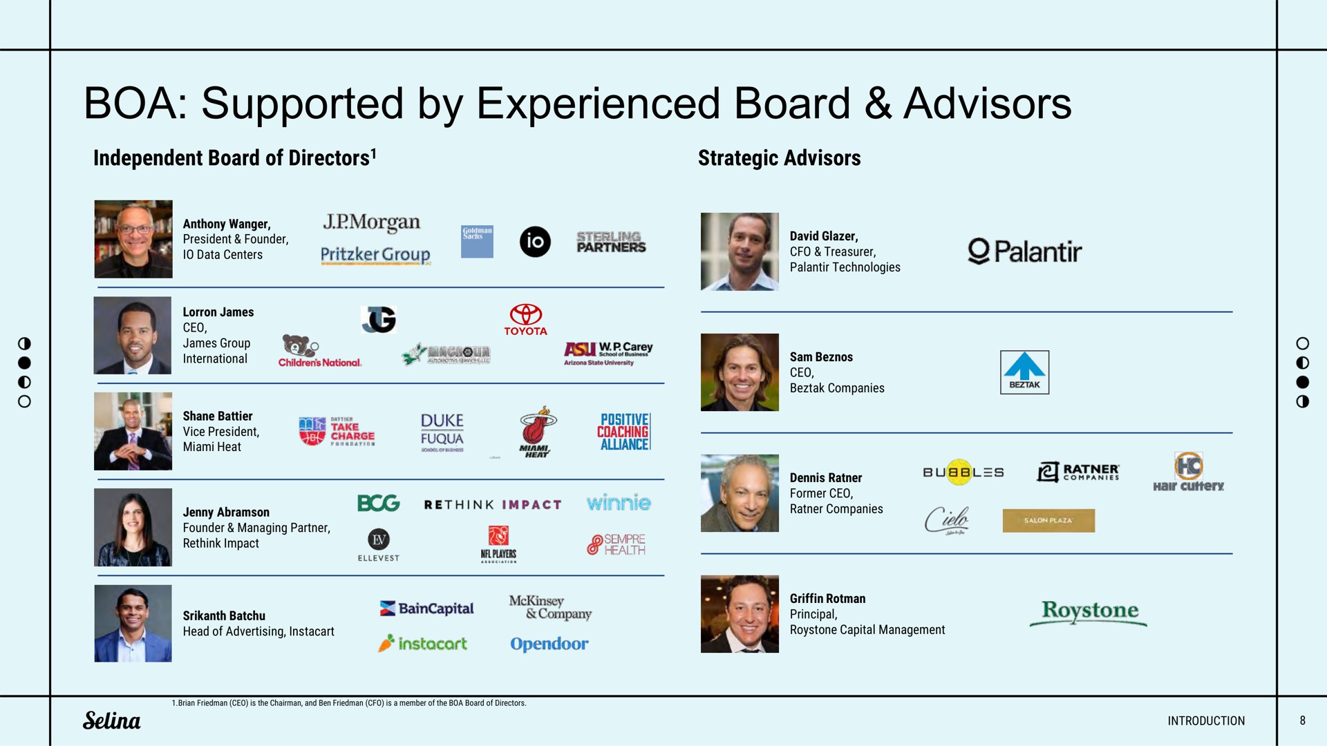 boa supported by experienced board advisors | Selina