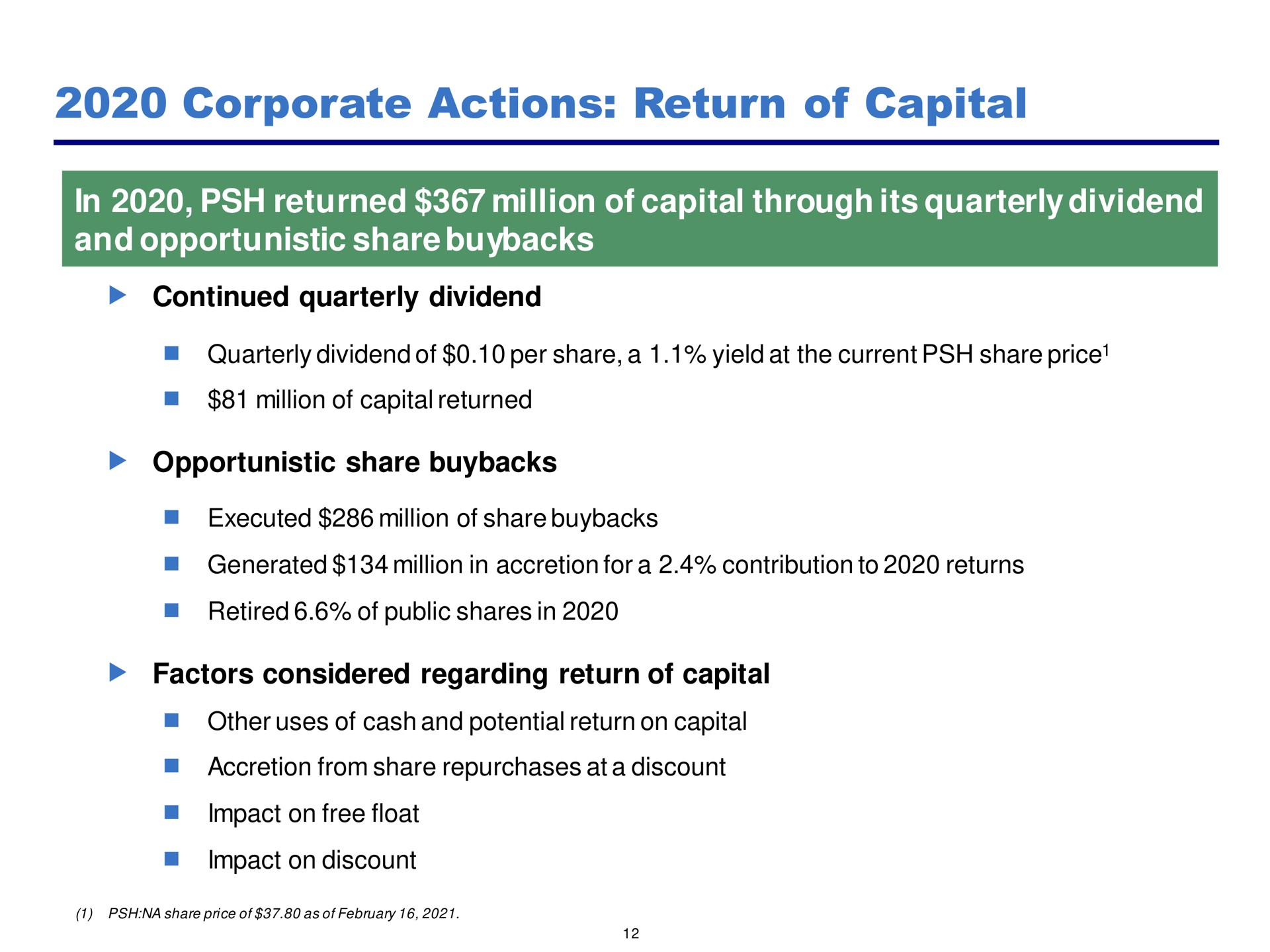 corporate actions return of capital in returned million through its quarterly dividend and opportunistic share | Pershing Square