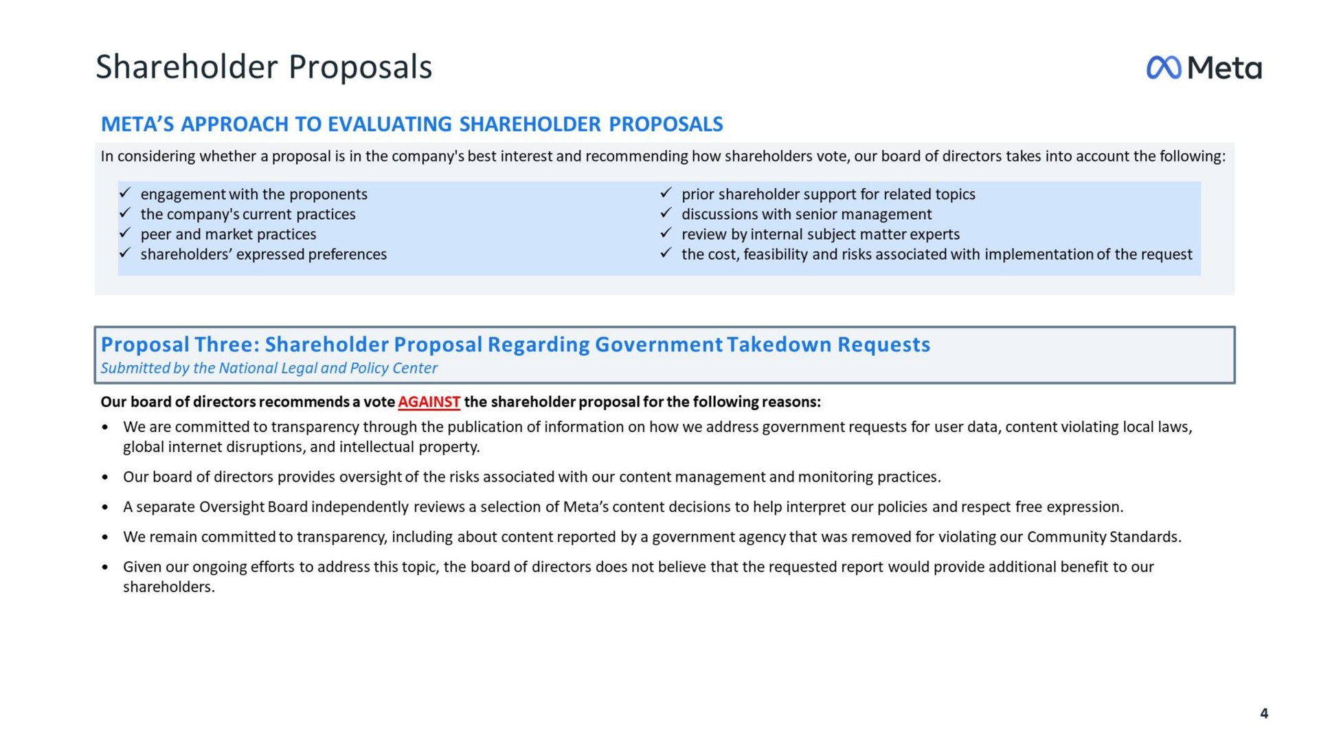 shareholder proposals meta meta approach to evaluating shareholder proposals proposal three shareholder proposal regarding government takedown requests | Meta