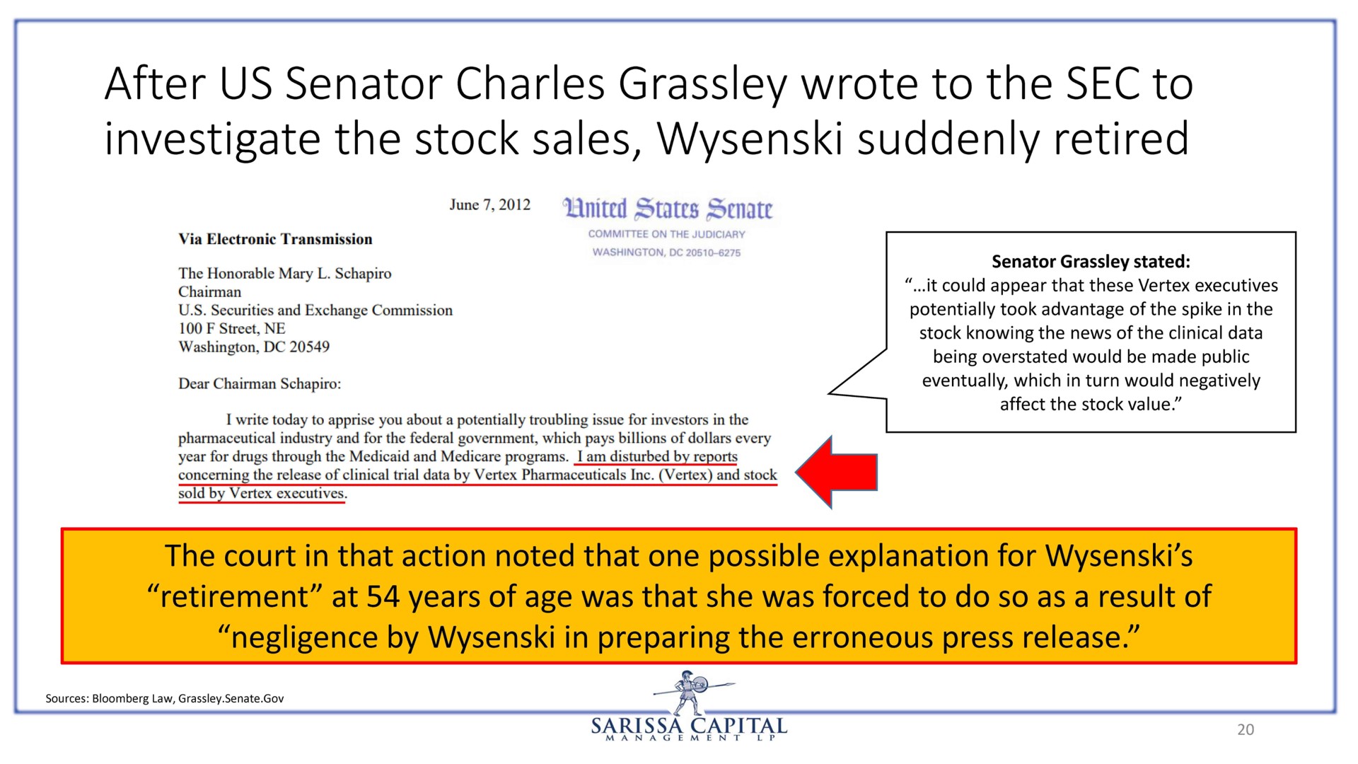 after us senator wrote to the sec to investigate the stock sales suddenly retired | Sarissa Capital