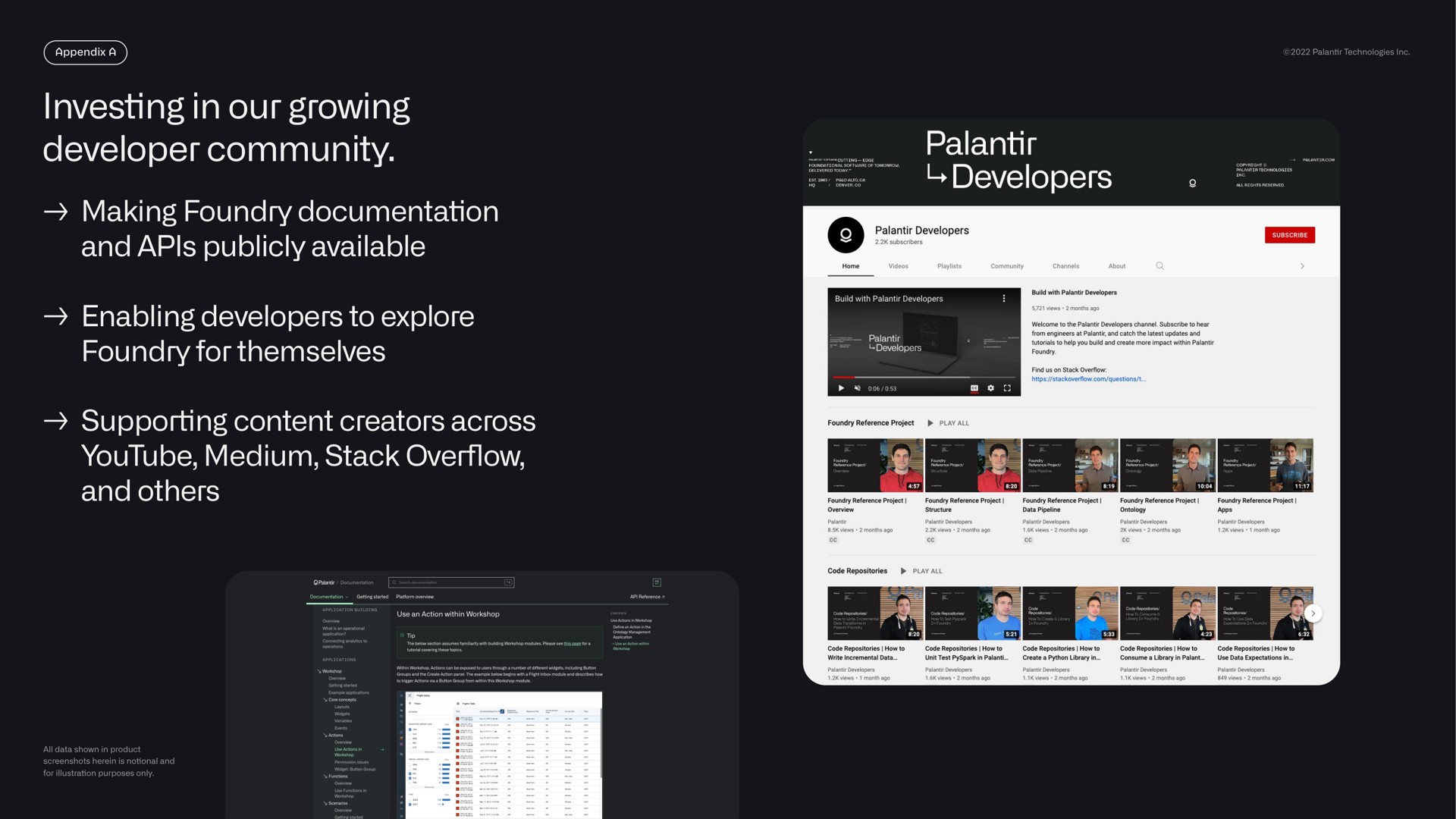 investing in our growing developer community making foundry documentation and publicly available enabling developers to explore foundry for themselves supporting content creators across medium stack over and overflow | Palantir