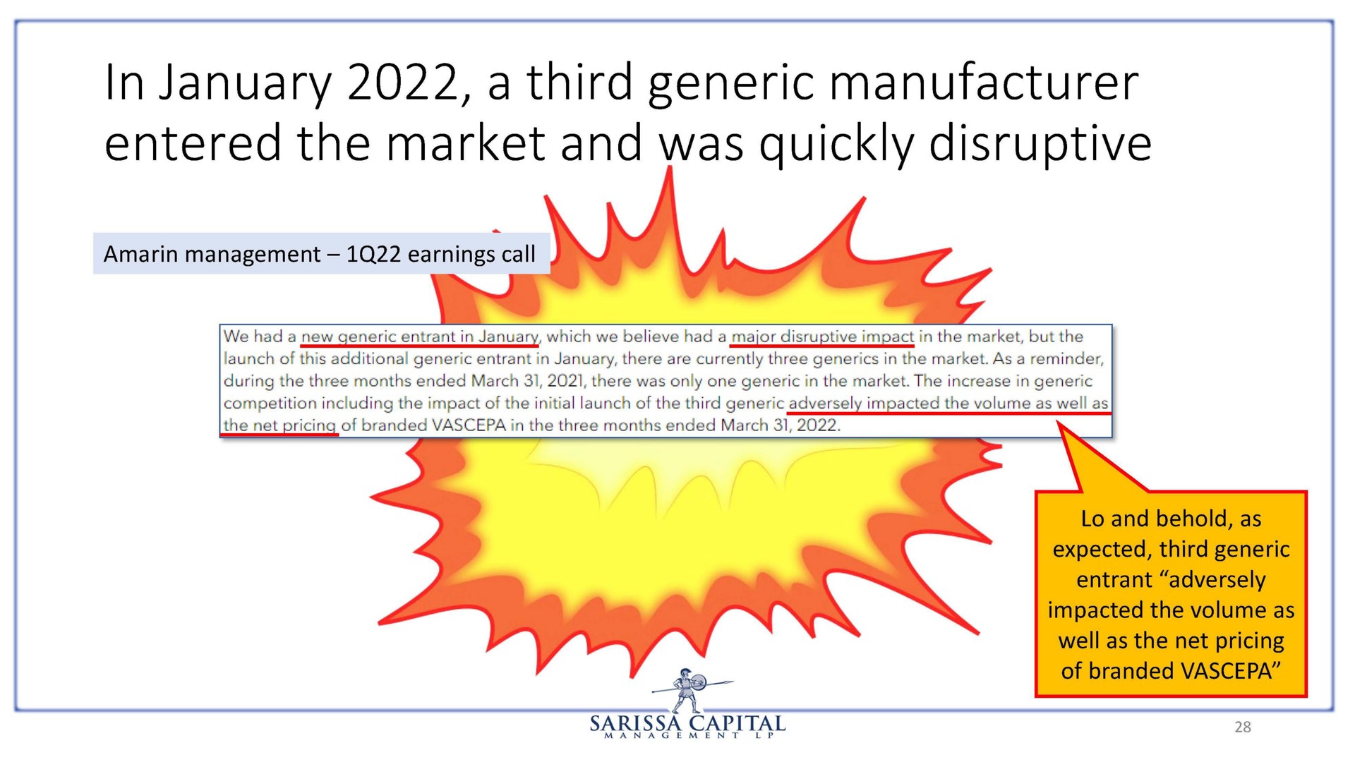 in a third generic manufacturer entered the market and was quickly disruptive | Sarissa Capital