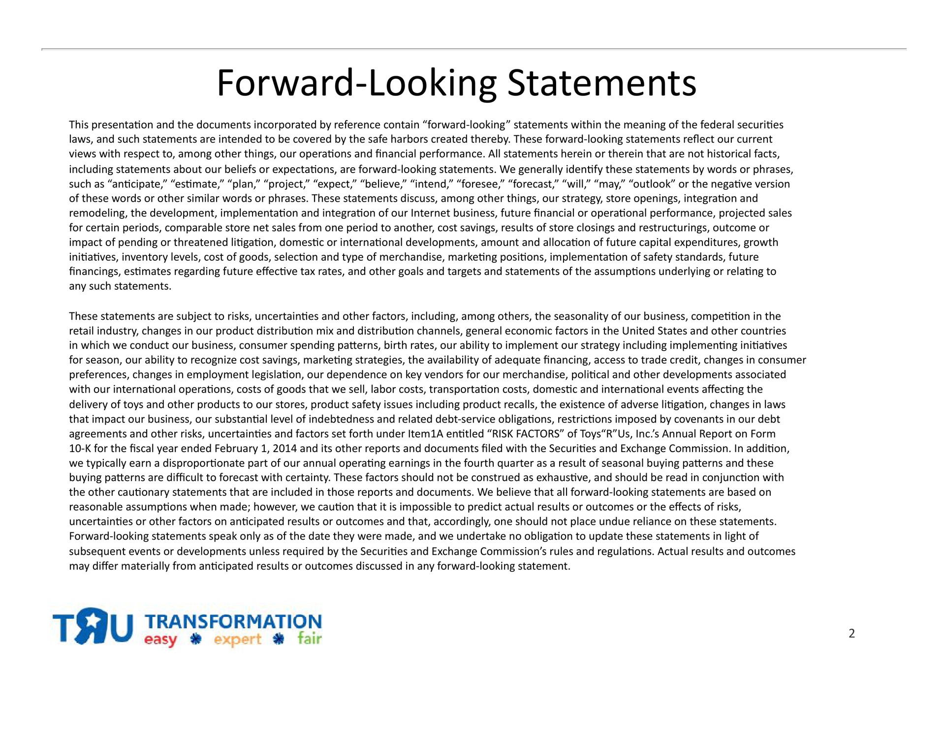 forward looking statements | Toys R Us