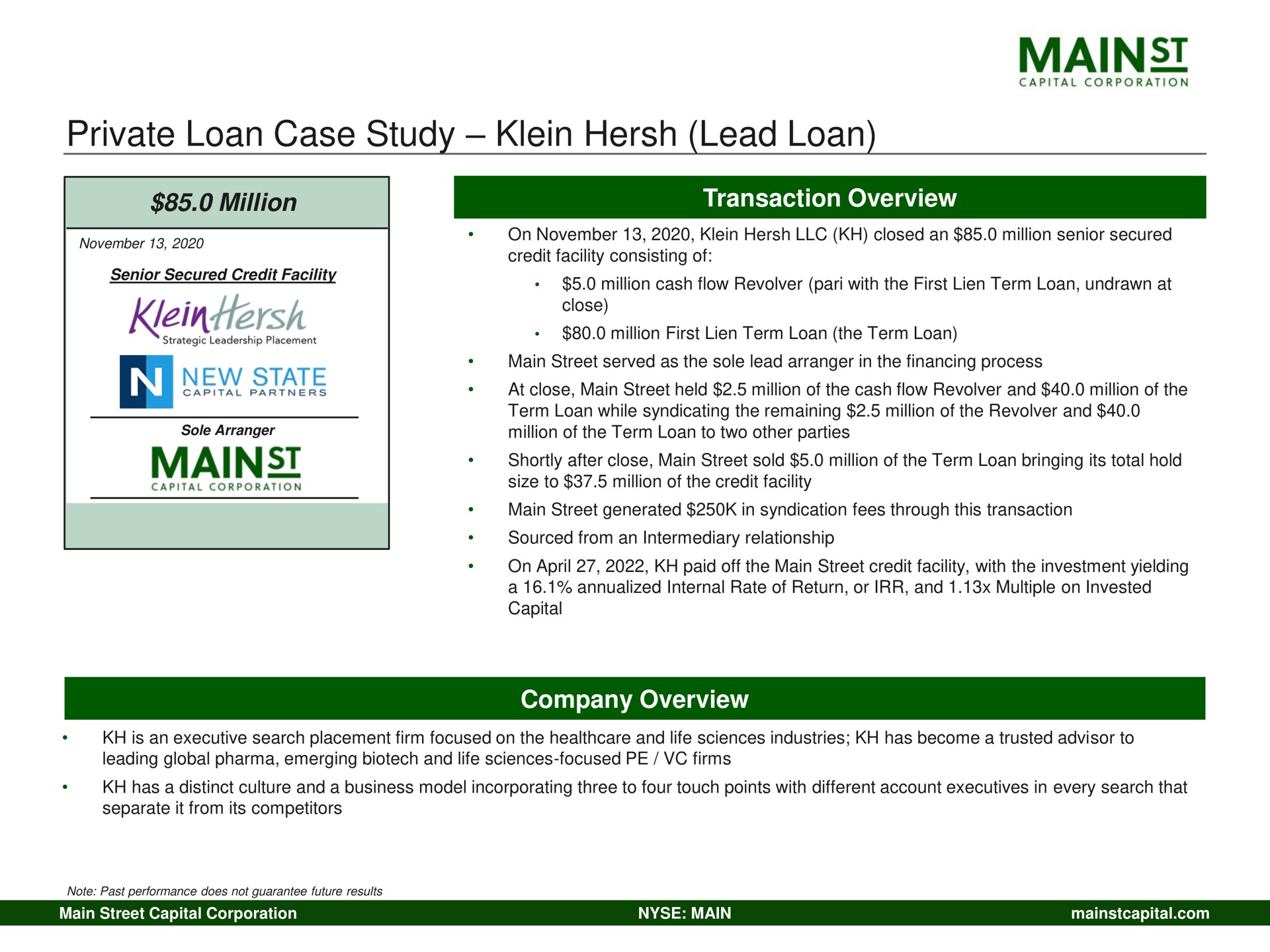 private loan case study lead loan mains million new state | Main Street Capital